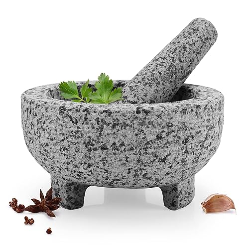 HESHIBI Juego de mortero de granito y mortero de guacamole Molcajete de 7 pulgadas, molinillo de piedra natural de 3 tazas para especias,
