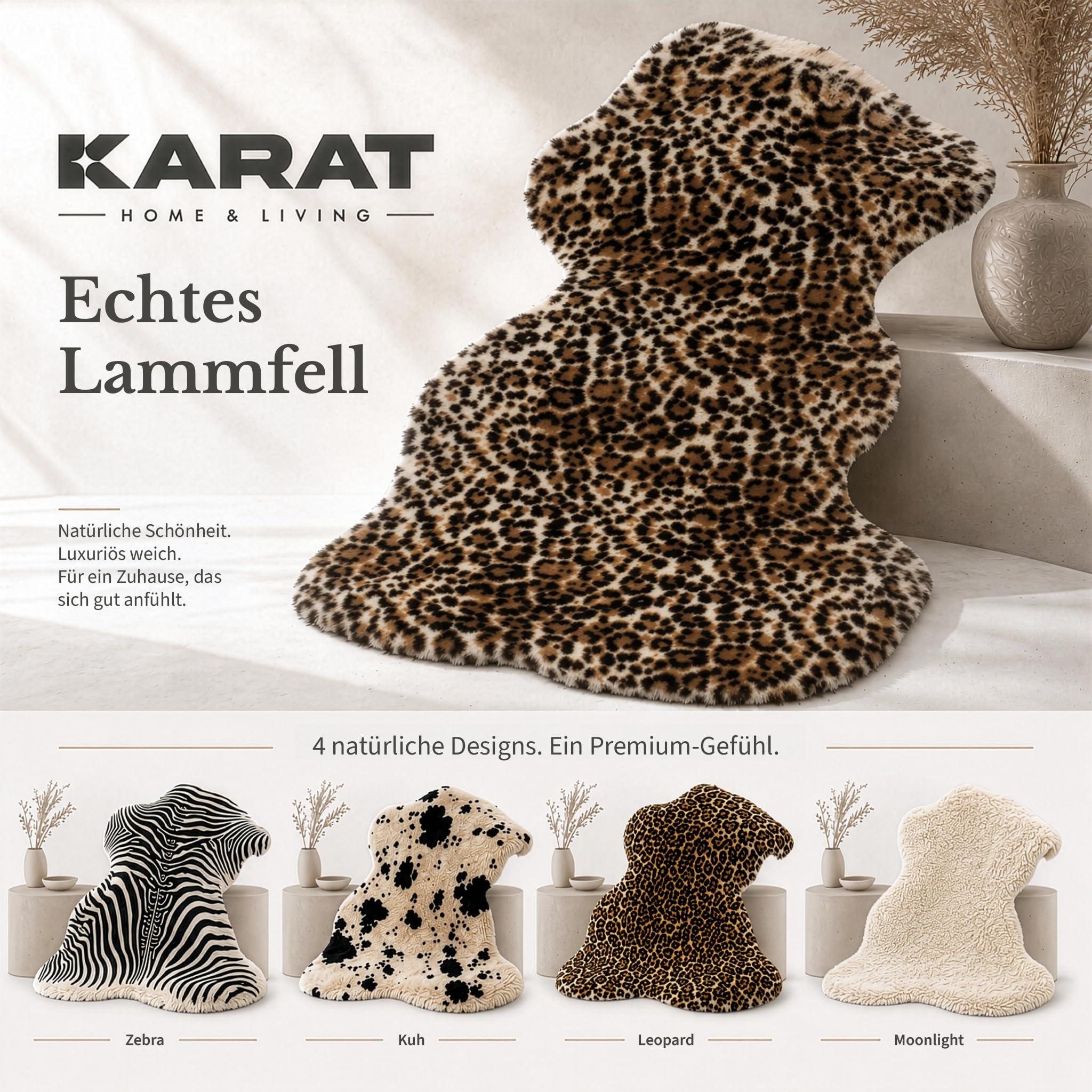 KARAT Design peau de mouton Audrey en véritable peau d'agneau - 100 % laine de mouton environ 90 × 60 cm - Fourrure décorative douce avec motif animal - Tapis en fourrure - Coussin de siège pour