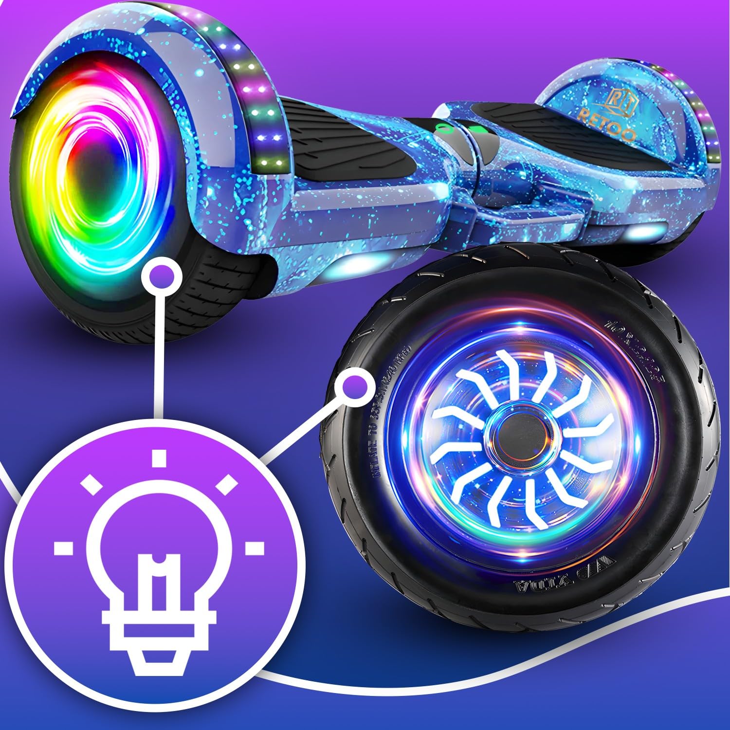 Retoo Hoverboard 10 Zoll mit Bluetooth & LED – Self Balance Elektro Scooter mit 2×250W Motor, Lautsprecher & Hoverkart kompatibel, inkl. Schutzset für Kinder & Erwachsene