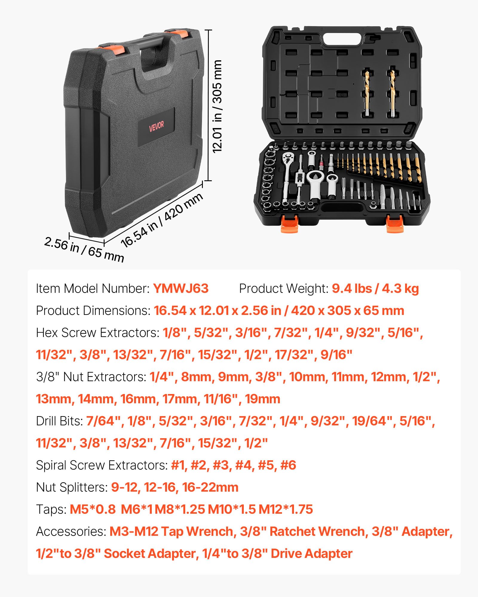 VEVOR Set di Estrattori per Viti Rotte 63 pezzi, Set di Bussole per Estrazione di Dadi Rotti Utensili Rimozione Bulloni Danneggiati con Adattatori per Maschi Riparazioni Domestiche Officina Garage