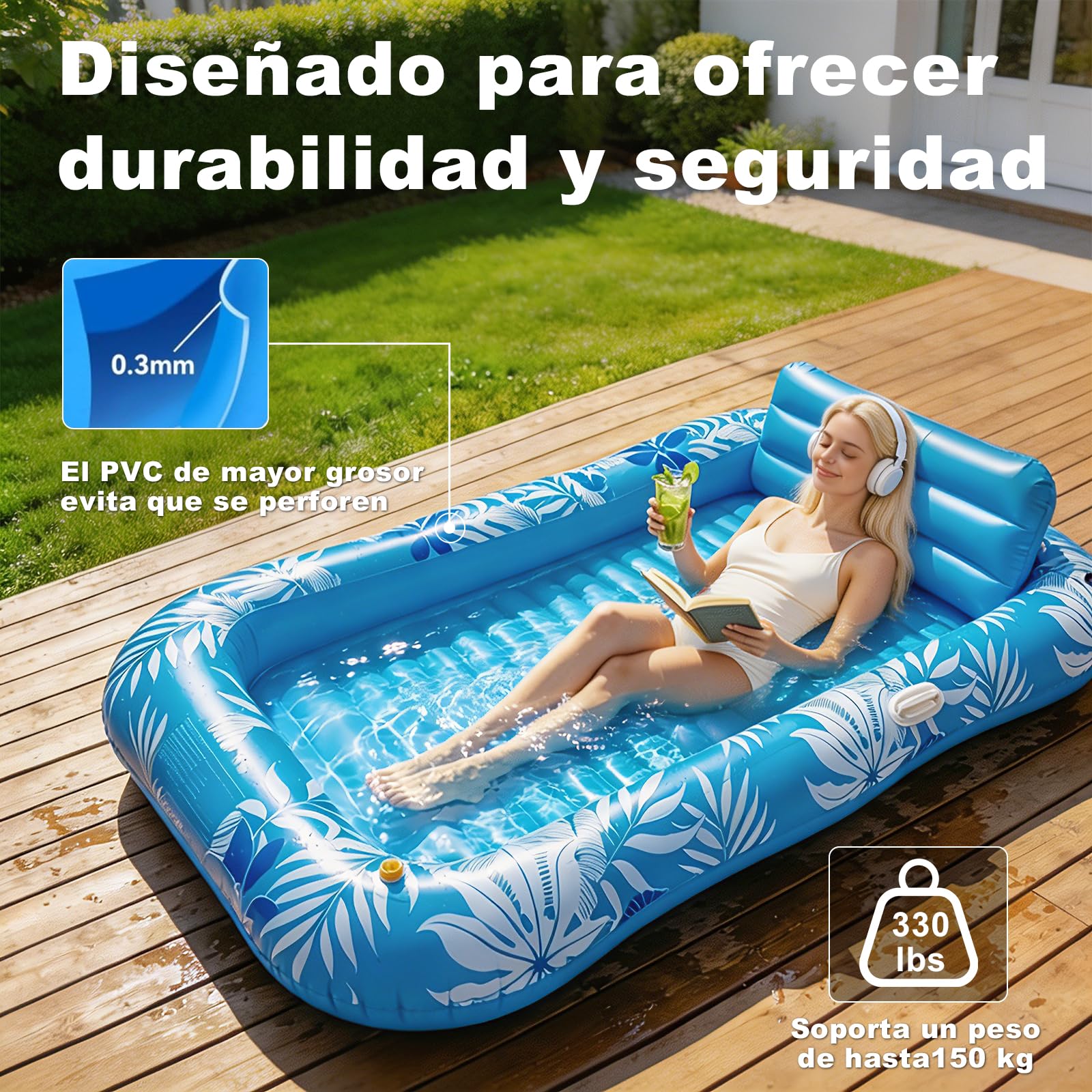 Balakaka Colchoneta Piscina Adultos 208×130cm, Diseño de Rociado de Agua, Tanning Pool Hamaca Hinchable con Portabebidas, Colchoneta Inflable Piscina con Reposacabezas para Verano