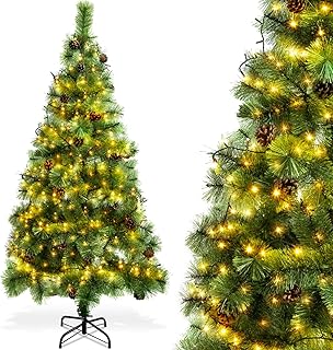 Aigostar Sapin de Noël Artificiel 180 cm avec Guirlande Lumineuse LED 18 M，8 Modes d'Éclairage，300 LED Lumières Blanche Chaude，Branches avec Aiguilles de pin et Pommes de pin，Inclus Support en Métal