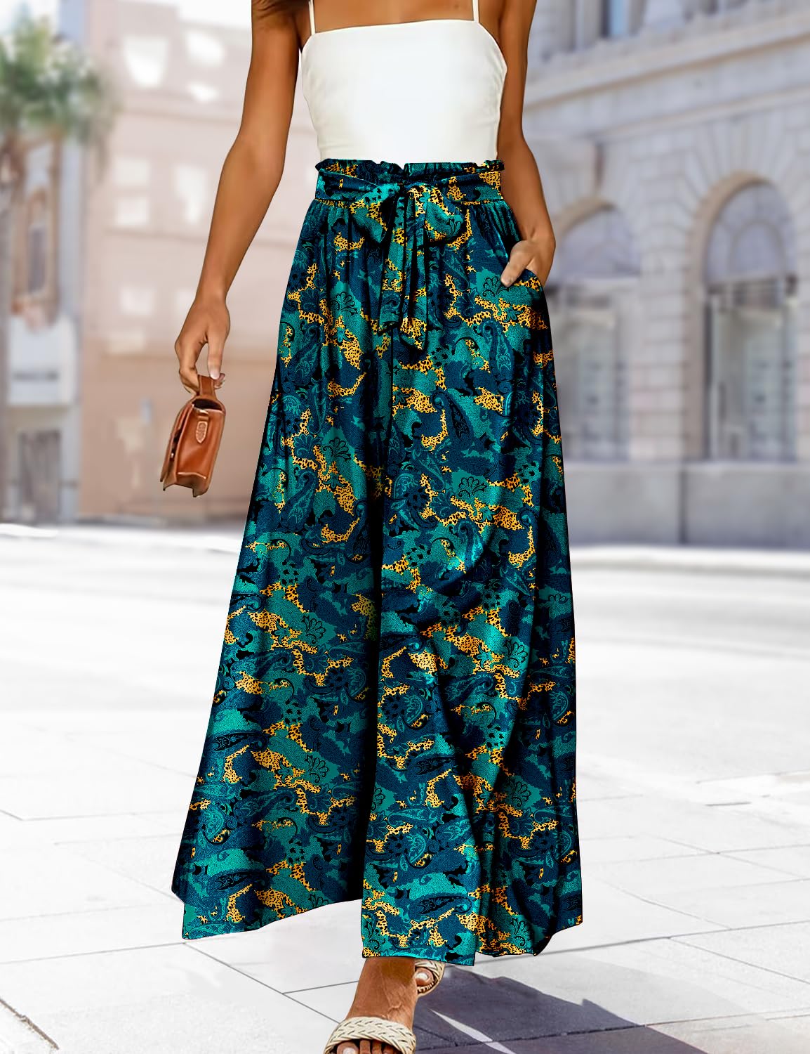 YESNO Women Wide Leg Pants High Waisted Floral Boho Palazzo Culottes Casual Flowy Tie Knot Trousers with Pockets PPS
