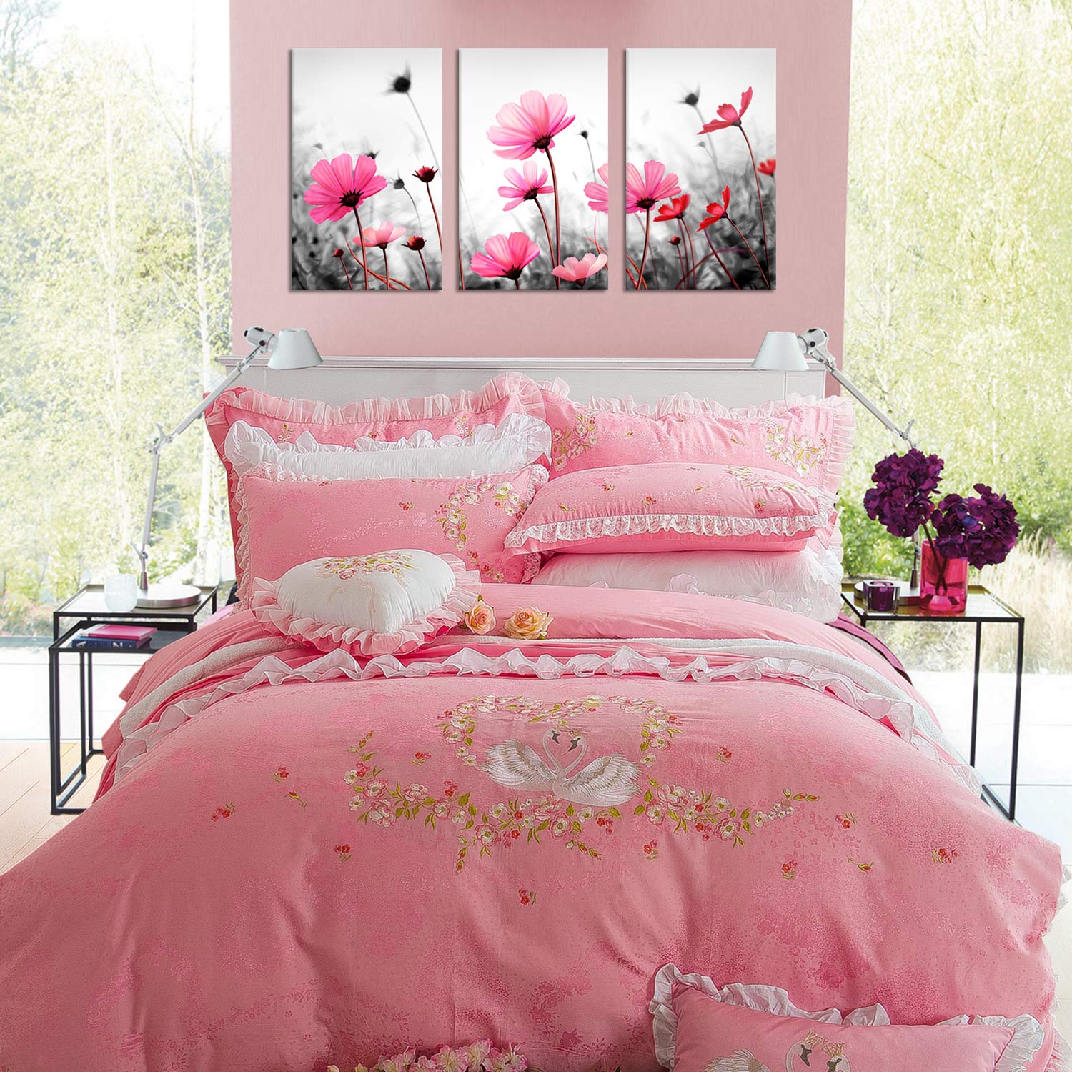 Flowers Canvas Art Wall Decor Black and White Framed Galsang Floral Prints and Posters Wall Hanging Decorations Ready to Hang for Bedroom Bathroom (pink, 16