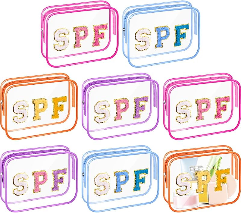 Kacctyen 8 Necessaires Transparentes com Zíper e Aplicações de Letras em Chenille, Multicoloridas