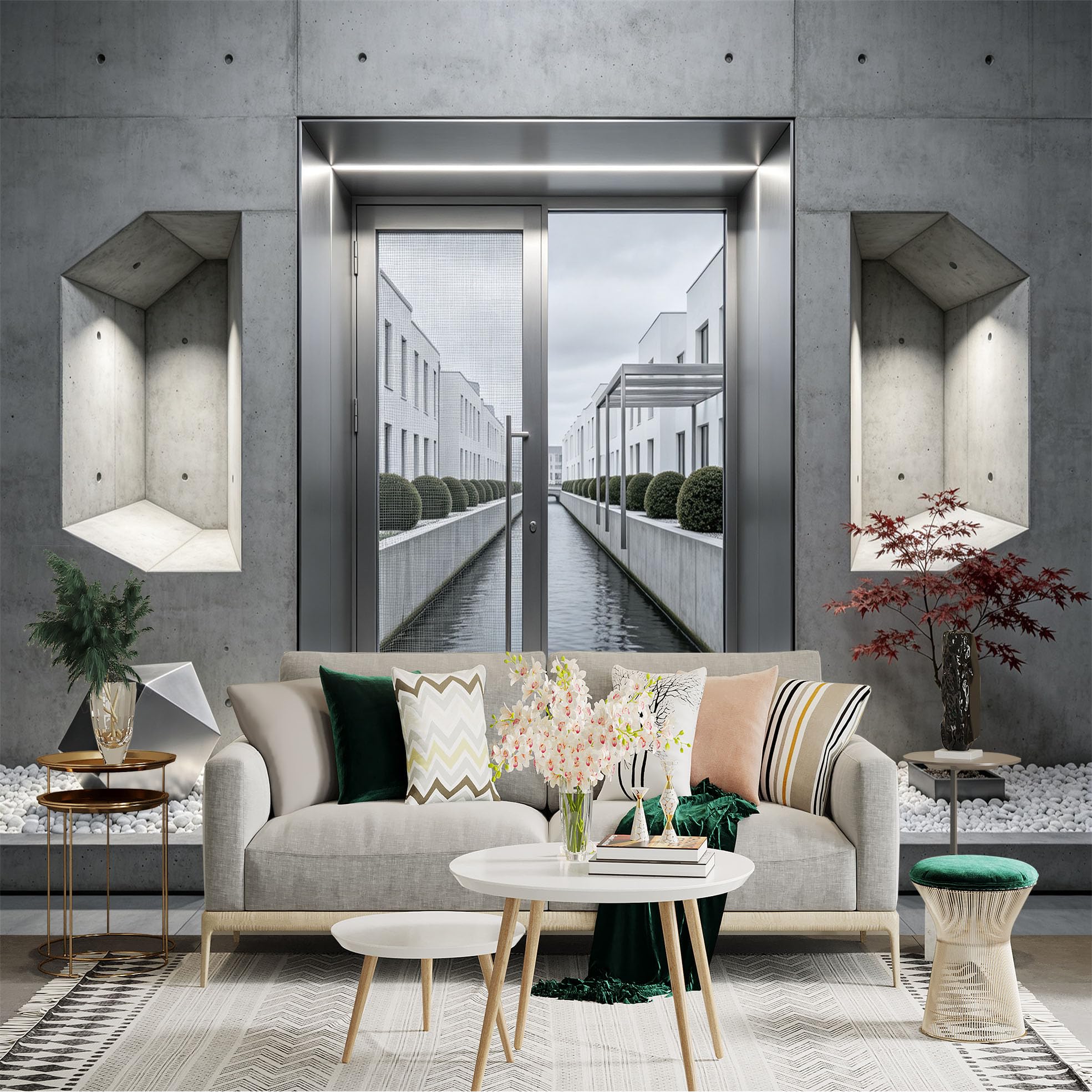 Custom Size Wall Sticker Mural， Modern Concrete Courtyard， Minimalist Architecture and Waterway， for wall Decoration， peelandstick wall Decals.