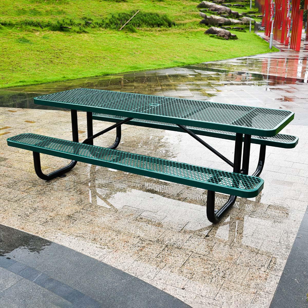 Anqtovp 6 ft. Heavy-Duty Steel Outdoor Picnic Table with Umbrella Pole,Rectangular Weather-Resistant Dining Table for Backyard,Green