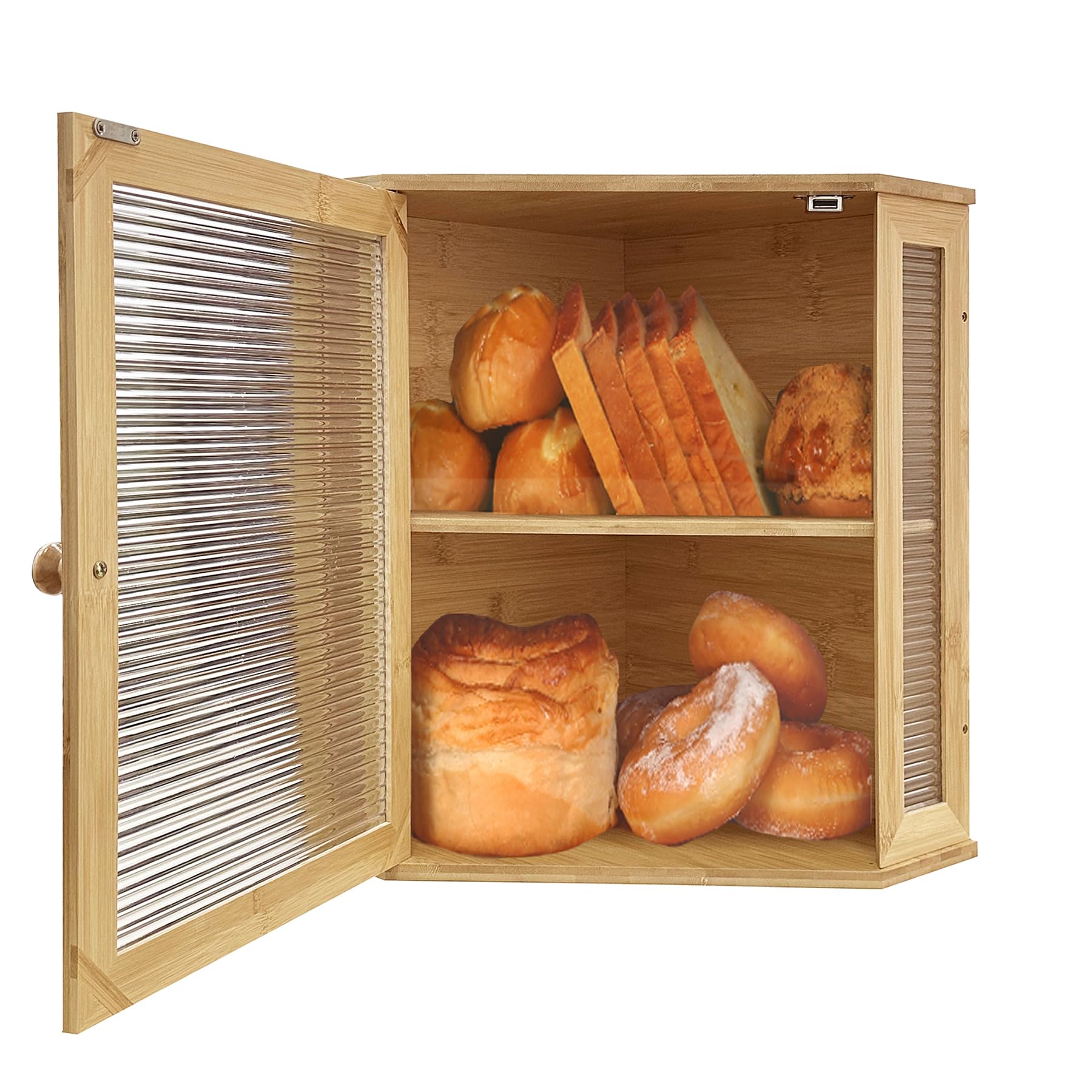 Extra Large Corner Bread Box - Double Layer Bread Box for Kitchen Countertop Bamboo Wood Bread Storage Container with Corrugated Acrylic Window Bread Holder (Bamboo)