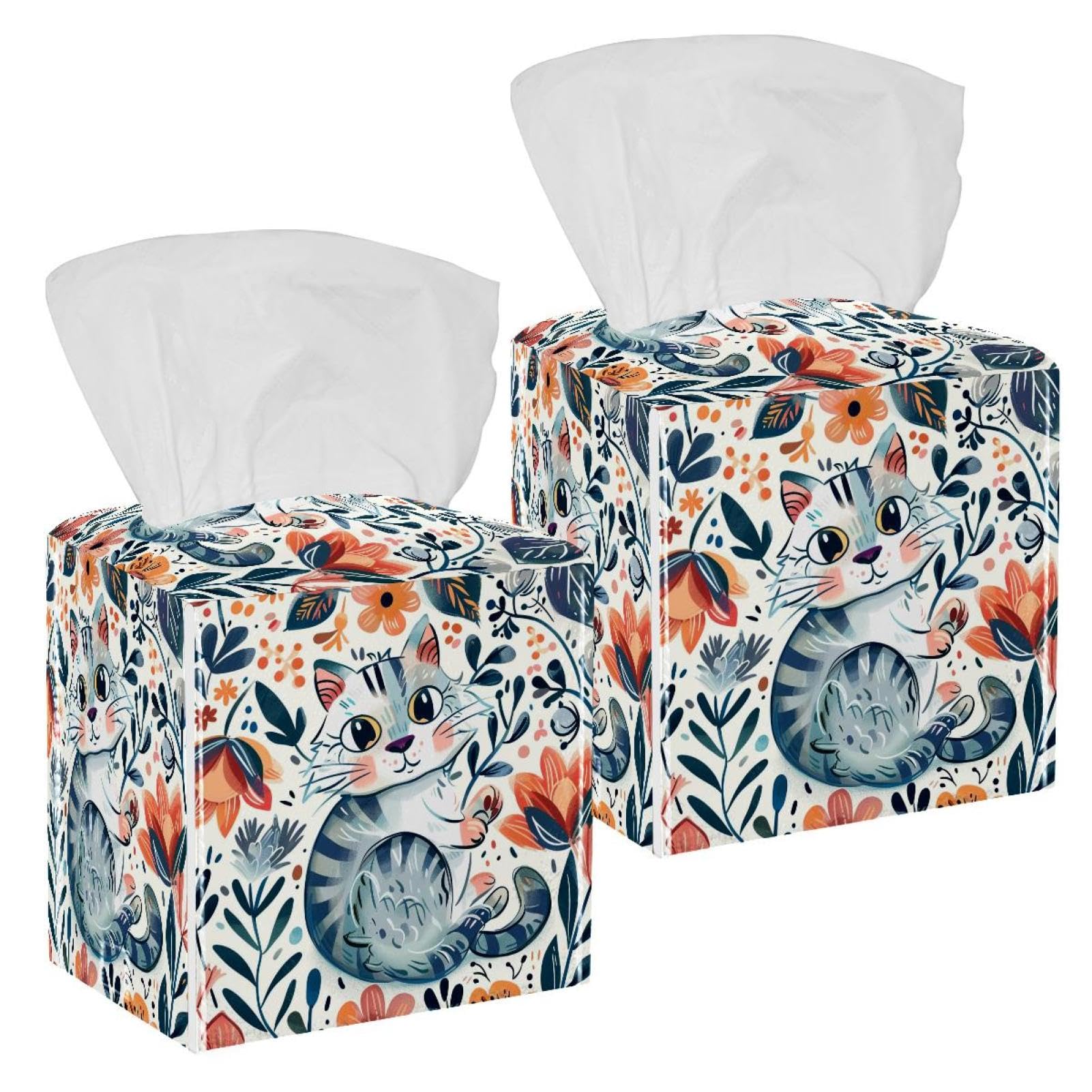 Cat Cartoon Tissue Box Cover, 2 Pack PU Leather Square Facial Tissue Dispenser Box holder for Home Office Car