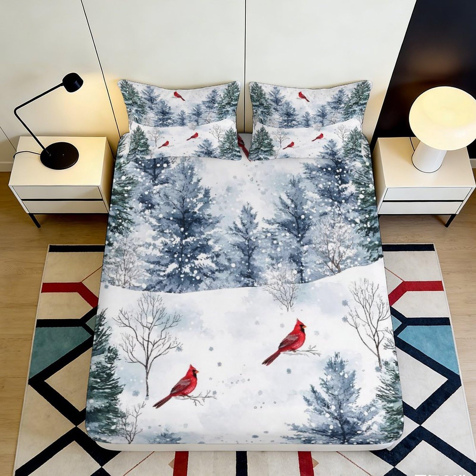 3D Printed Snowy Forest Fitted Sheet Microfiber Deep Pocket Non-Slip Bedroom Bedding Snow Scene Mattress Fitted Cover for Adults Teens 200x200x25cm