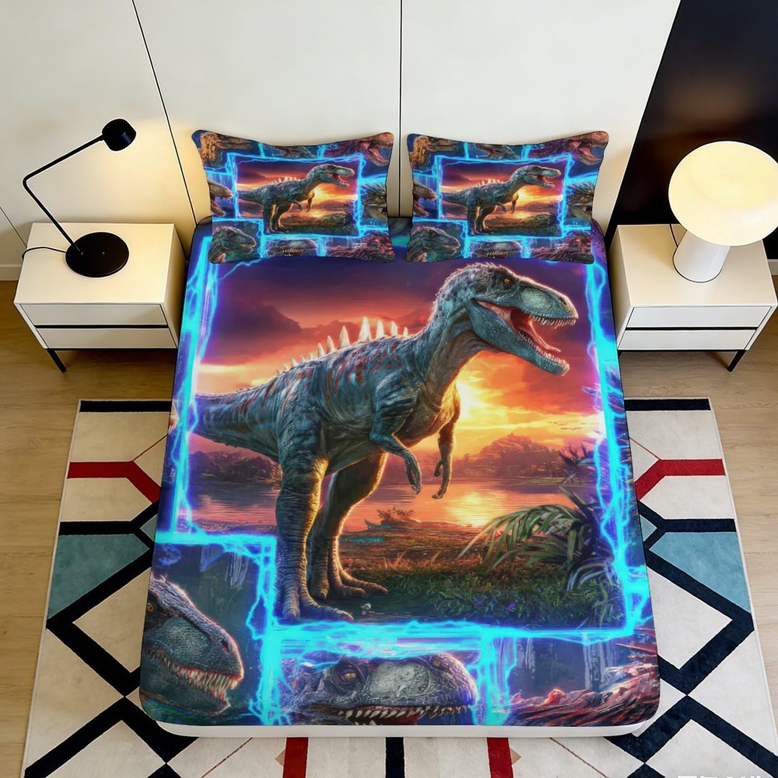 3D Printed Dinosaur Sunset Fitted Sheet Microfiber Soft Breathable Jurassic Bed Cover for Bedroom Guest Room Decor 90x200x25cm