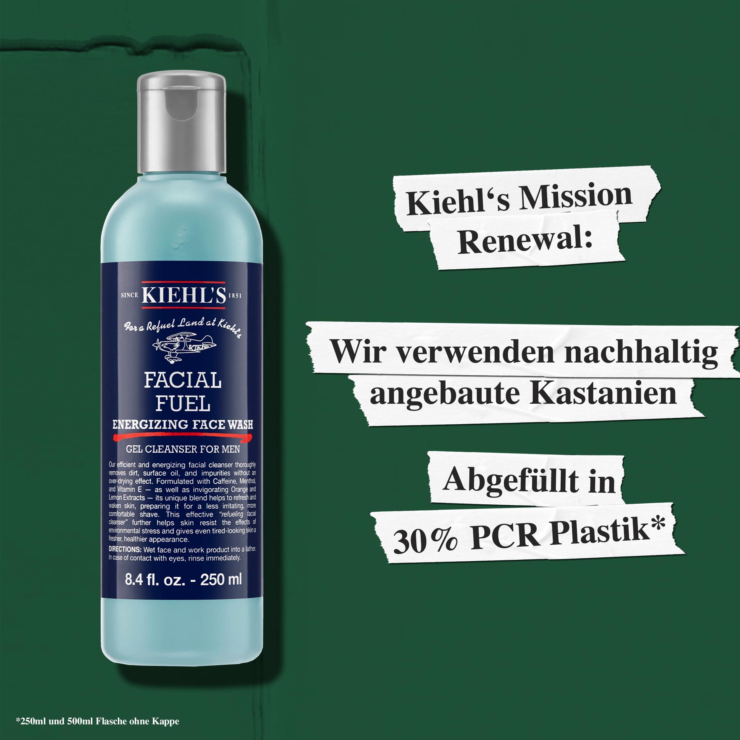 KIEHL'S Facial Fuel Energizing Face Wash, erfrischendes Reinigungsgel mit Koffein und Menthol für gestresste Männer-Haut, hautberuhigend, koffeinhaltig