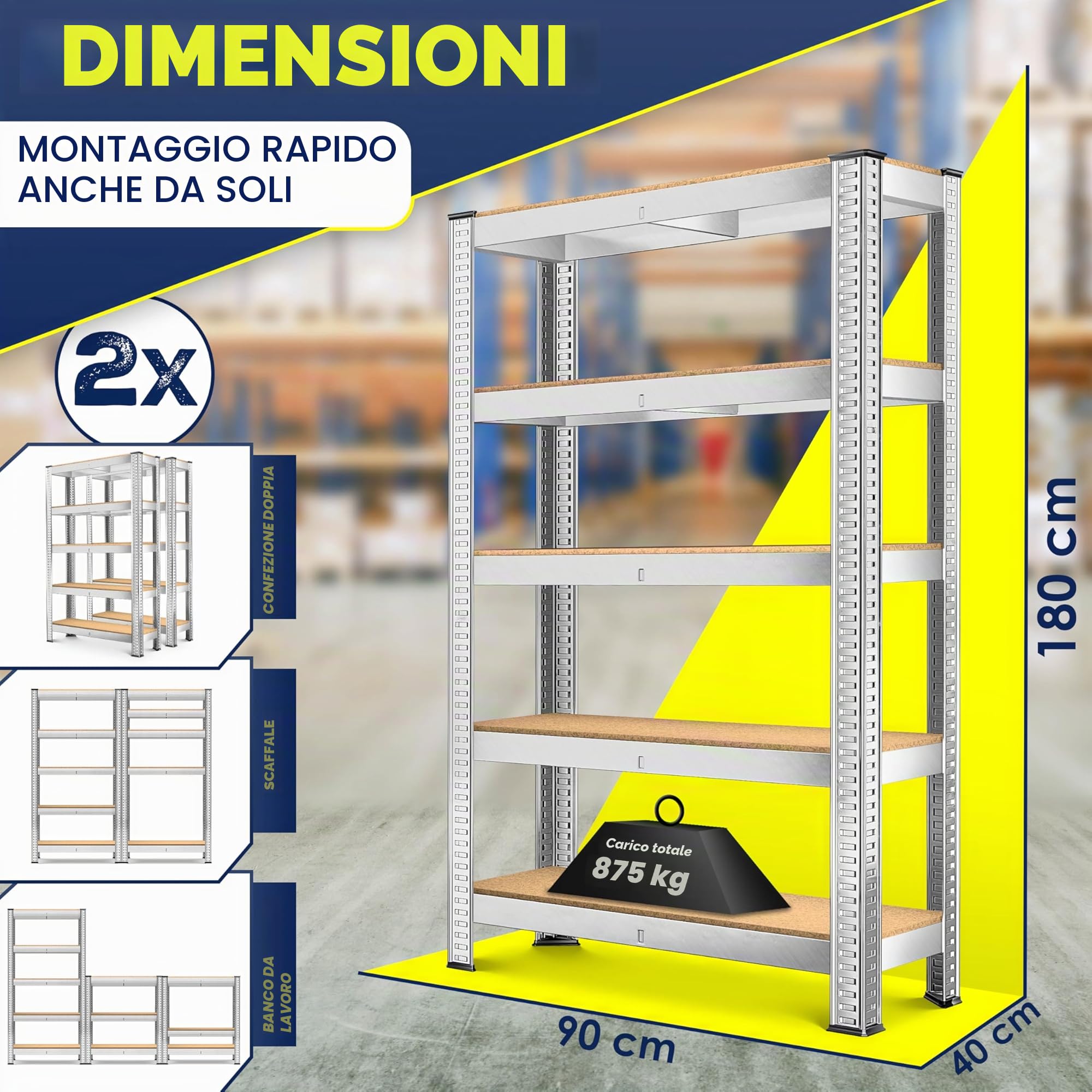 MASKO® - Scaffale per carichi pesanti, 2 pezzi, 180x90x40 cm, portata fino a 875kg, con 5 ripiani regolabili, in pannelli di fibra a media densità (MDF) e metallo, per officina, cantina, garage,