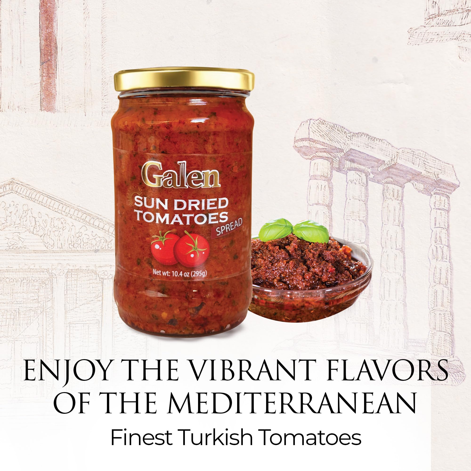 Galen Sun Dried Tomato Spread, Mediterranean Tomatoes Flavor, Ready to Enjoy, 10.4 oz Jar (Pack of 2)