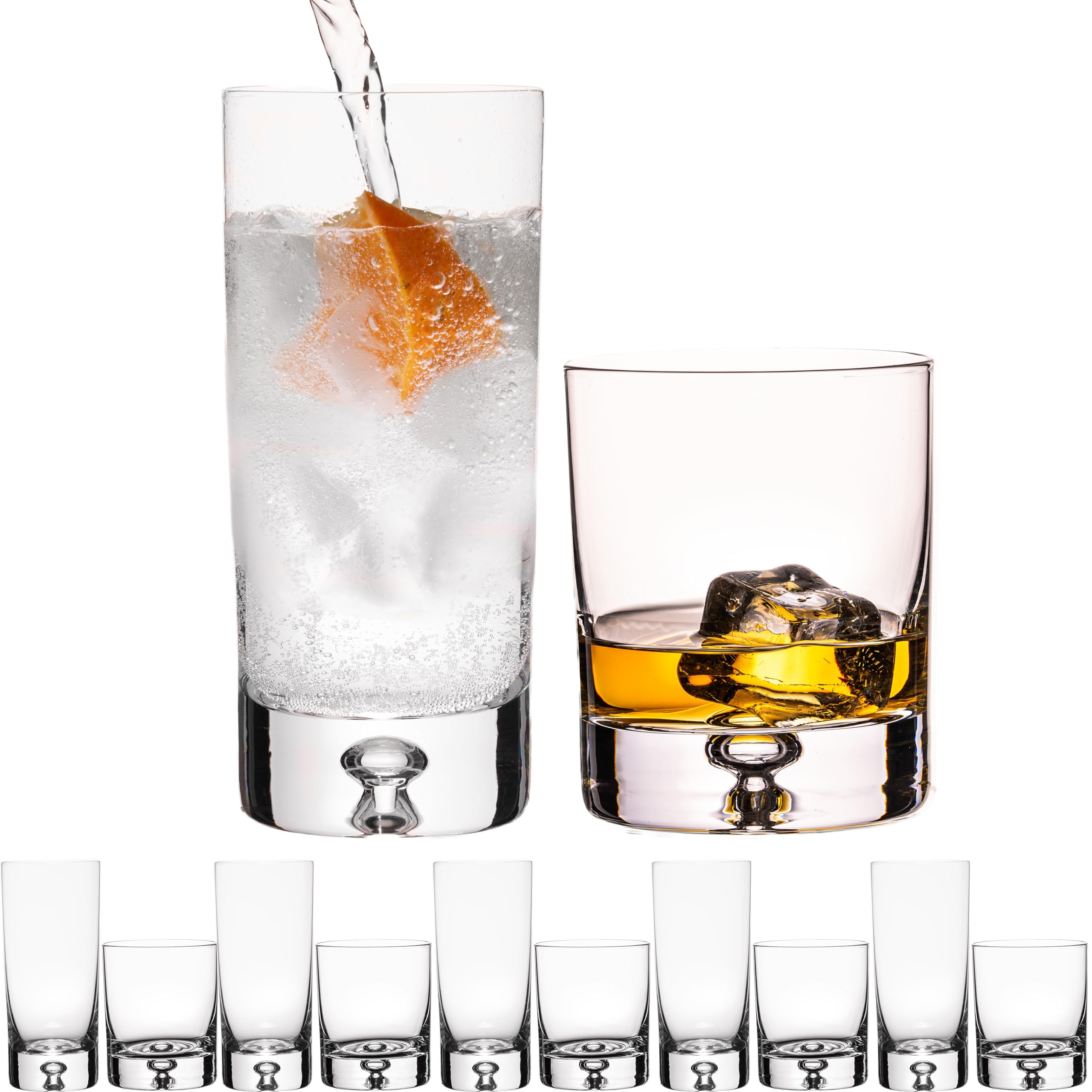Gläser Set – Trinkgläser aus Crystalline Glas – 6 Longdrinkgläser 370ml & 6 Tumbler 300ml Lissabon – Wassergläser mit Luftblase im Boden Handmade