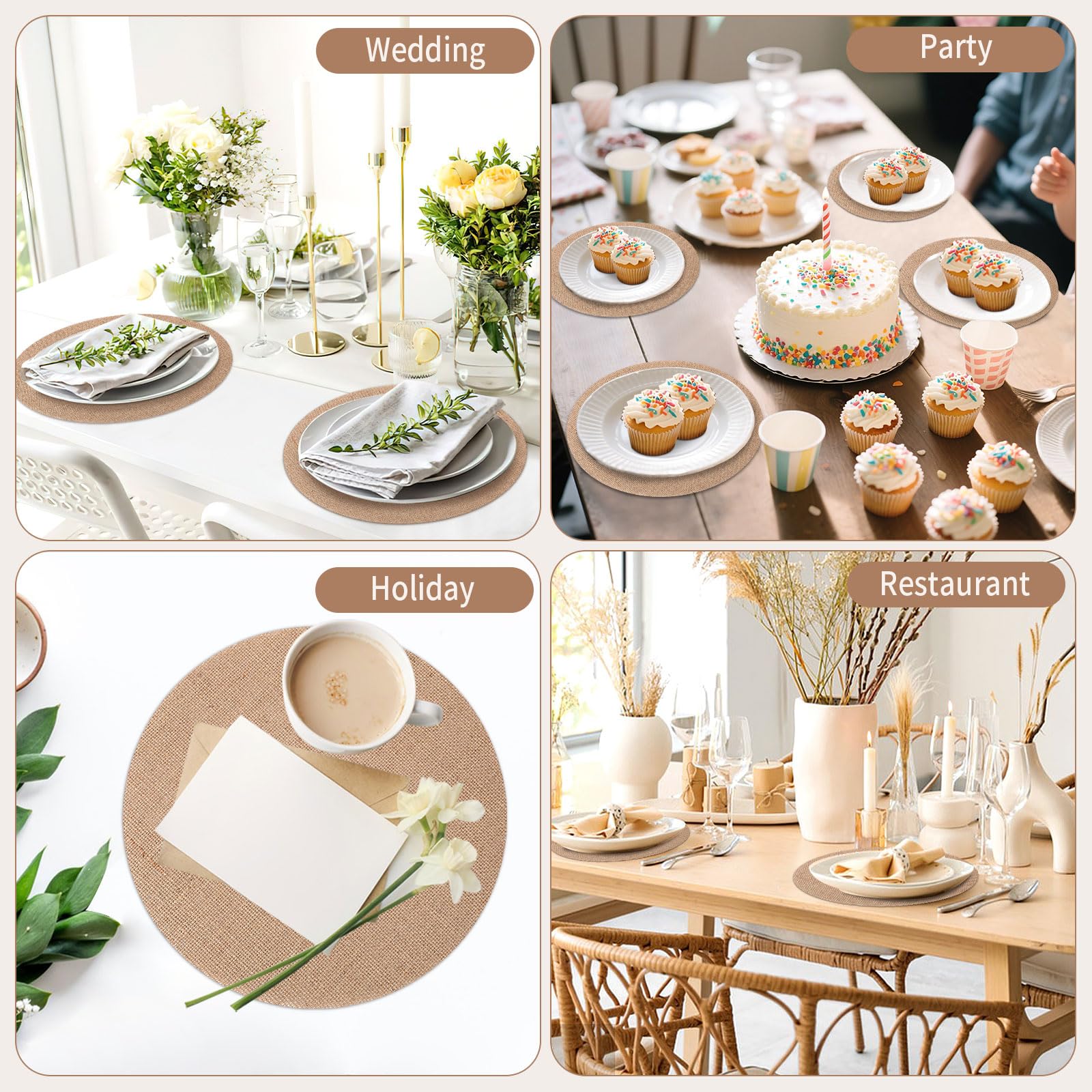 24 manteles individuales redondos de arpillera a granel de 11.8 pulgadas, color marrón, reutilizables, de yute natural, para boda, cena, fiesta, granja, decoración de mesa de cena