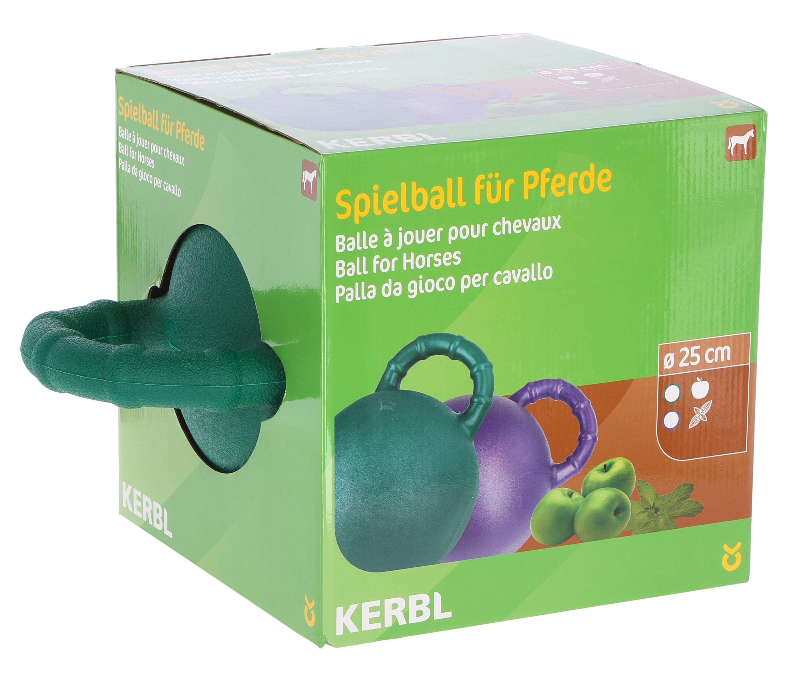 Kerbl Palla da gioco per cavalli, gusto mela, verde, 25 cm, cavallo, resistente ai morsi, con valvola speciale