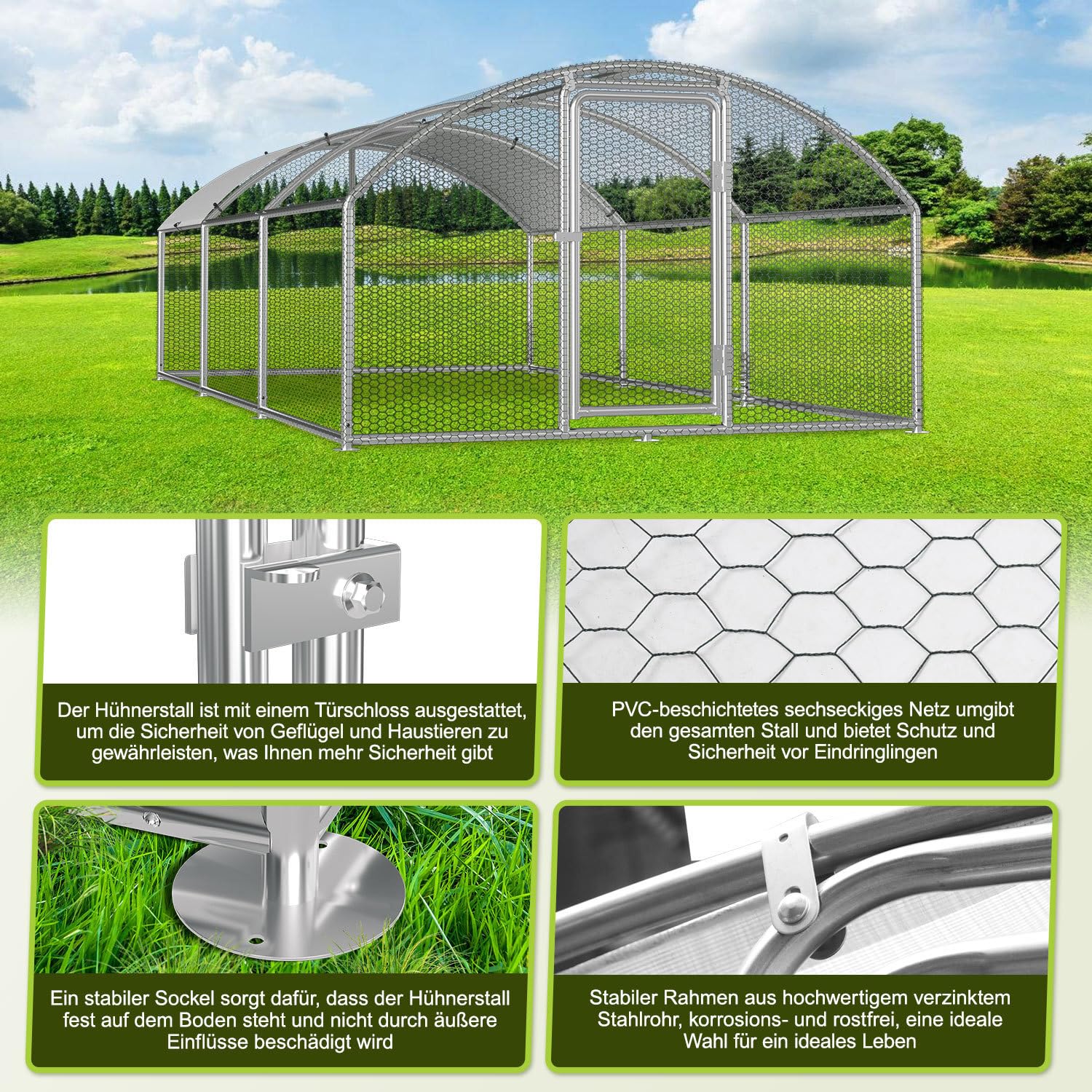 Gallinero de 3 x 6 x 2 m, recinto para gallinas, gallinas, acero galvanizado, para gallinas, caseta de conejo, cúpula, tejado, ganso, palomas y codornices, recinto de metal con red