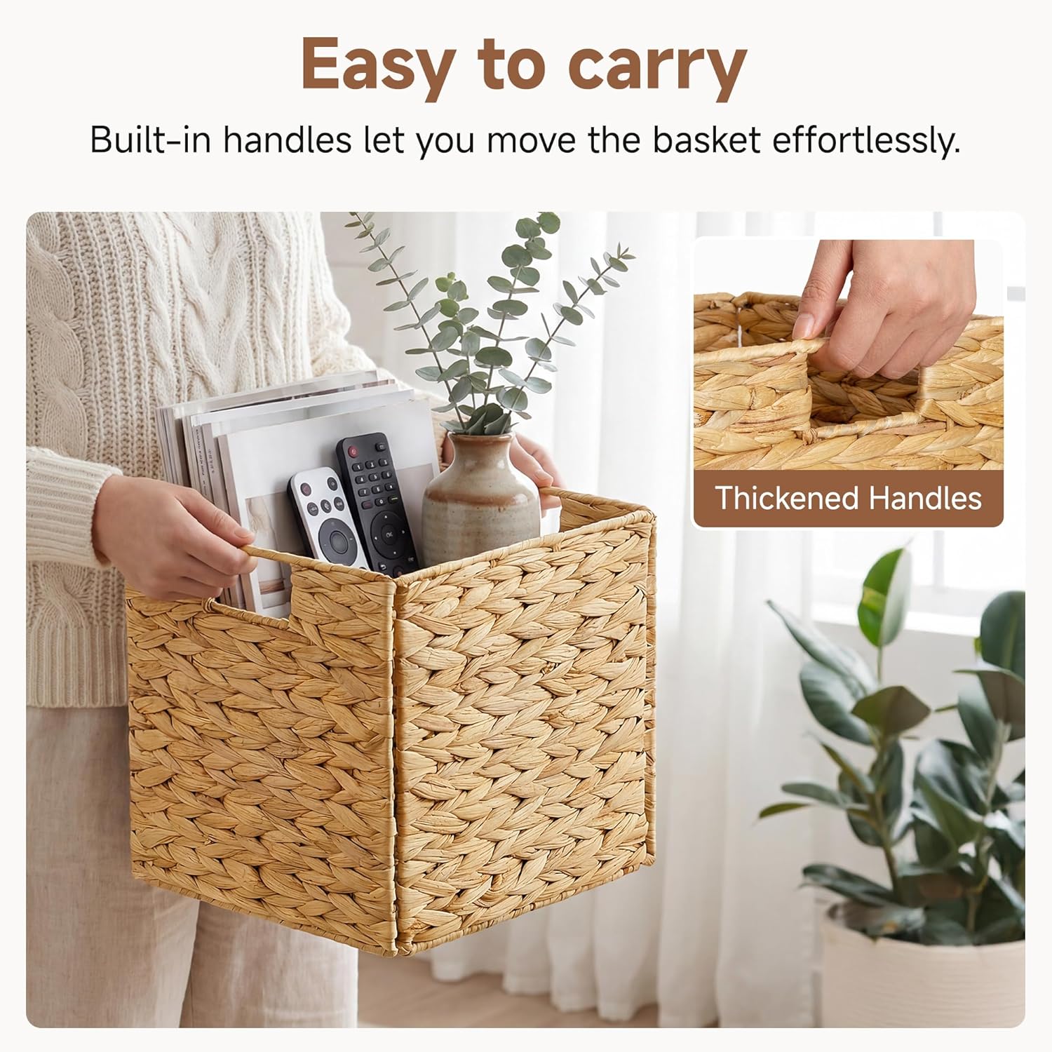 StorageWorks 10.5 inch Wicker Storage Baskets, Handwoven Wicker Basket for Organizinng, Foldable Water Hyacinth Square Storage Cubes, Natural, 4Pack