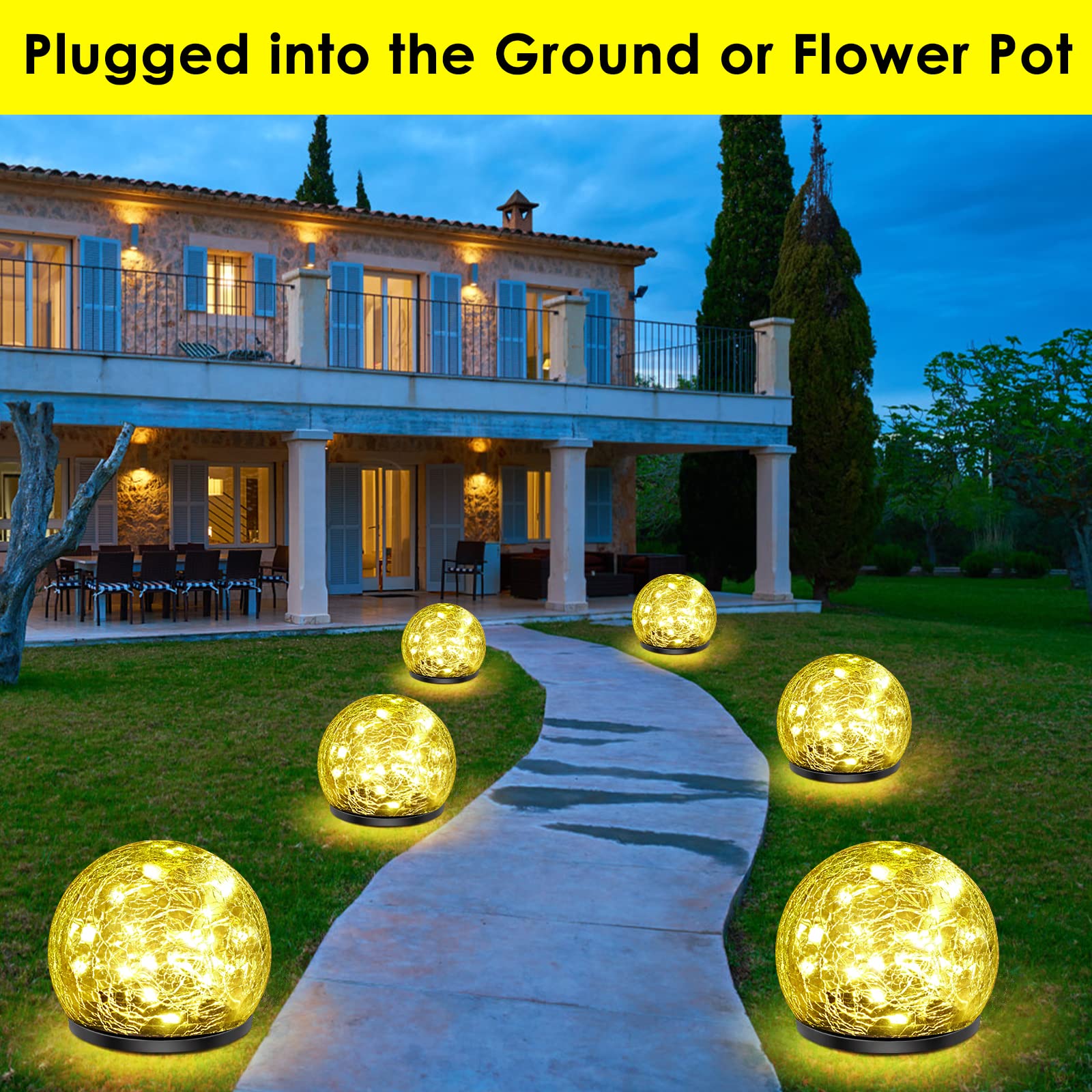 Confezione da 2 50 luci solari a LED da giardino, decorazione per esterni, in vetro incrinato, impermeabili, luce bianca calda, per cortile, sentiero, patio, prato, Halloween, Natale,