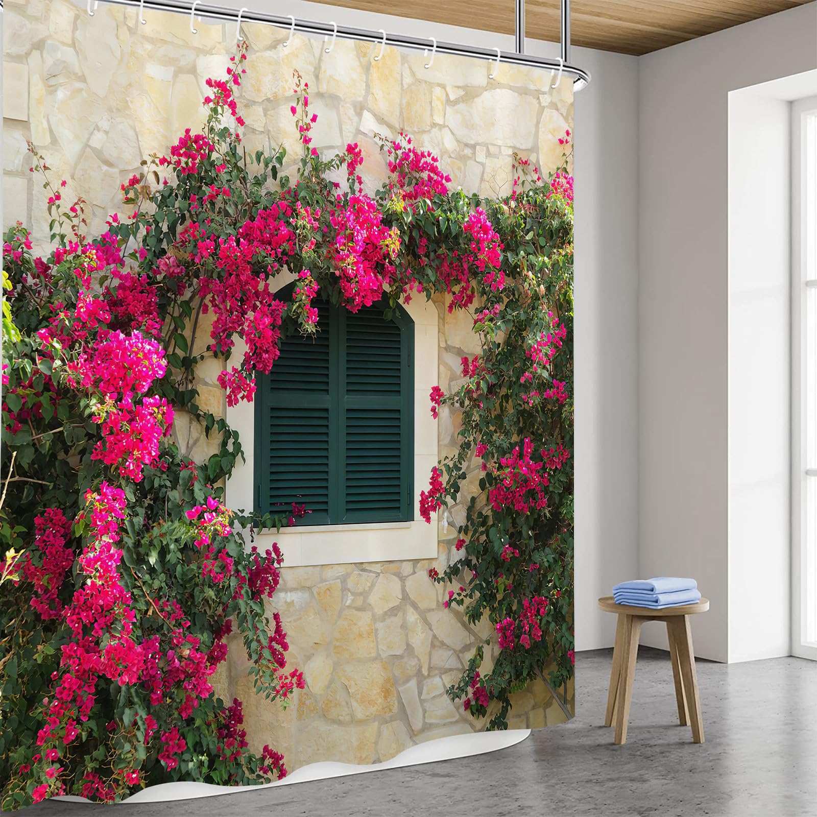 GOOESING Garden Shower Curtain Pink Purple Flower Vines Shower Curtain Landscape Bath Curtain with Hooks Bathroom Decor Washable Waterproof Fabric 180x180cm - Image 3