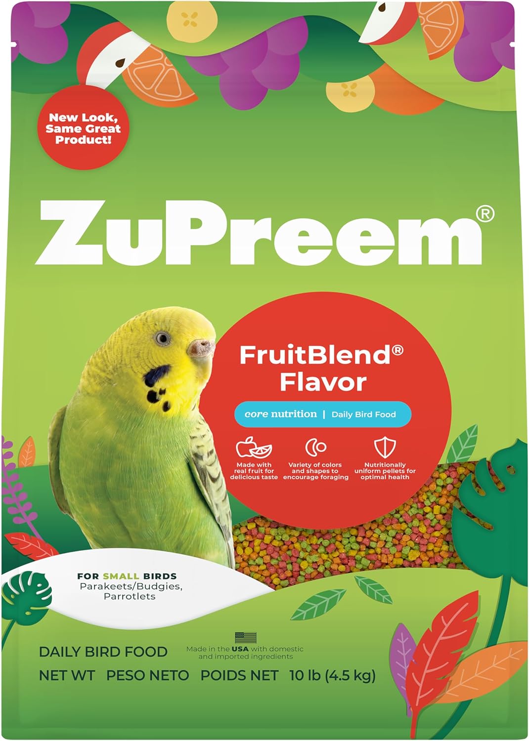 ZuPreem FruitBlend Bird Food, Bird Feed Pellets for Parakeets, Budgies, Parrotlets & Doves, ZuPreem Core Nutrition with Natural Fruit, Parakeet Food, Budgie Feed, Made in USA, (Small, 10 lb Bag)