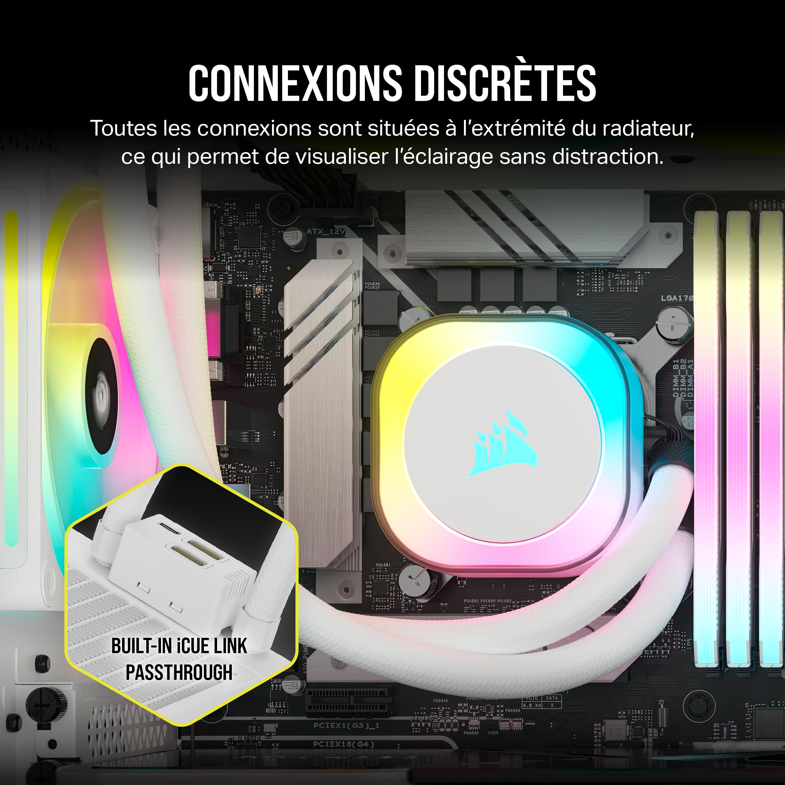 CORSAIR iCUE Link H100i RGB Liquid CPU Cooler - 240mm AIO - Ventilateurs QX120 RGB - Convient à Intel® LGA 1700, AMD® AM5 - Hub Système iCUE Link Inclus - Blanc