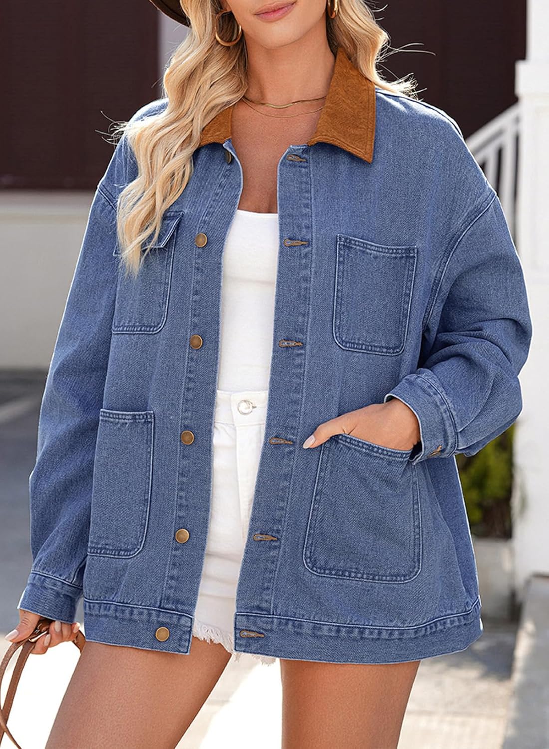 Dokotoo Jean Jacket Women Trendy Fall Fashion Long Sleeve Denim Jacket Corduroy Collar Barn Jackets Oversized Coat 2025 - Image 3
