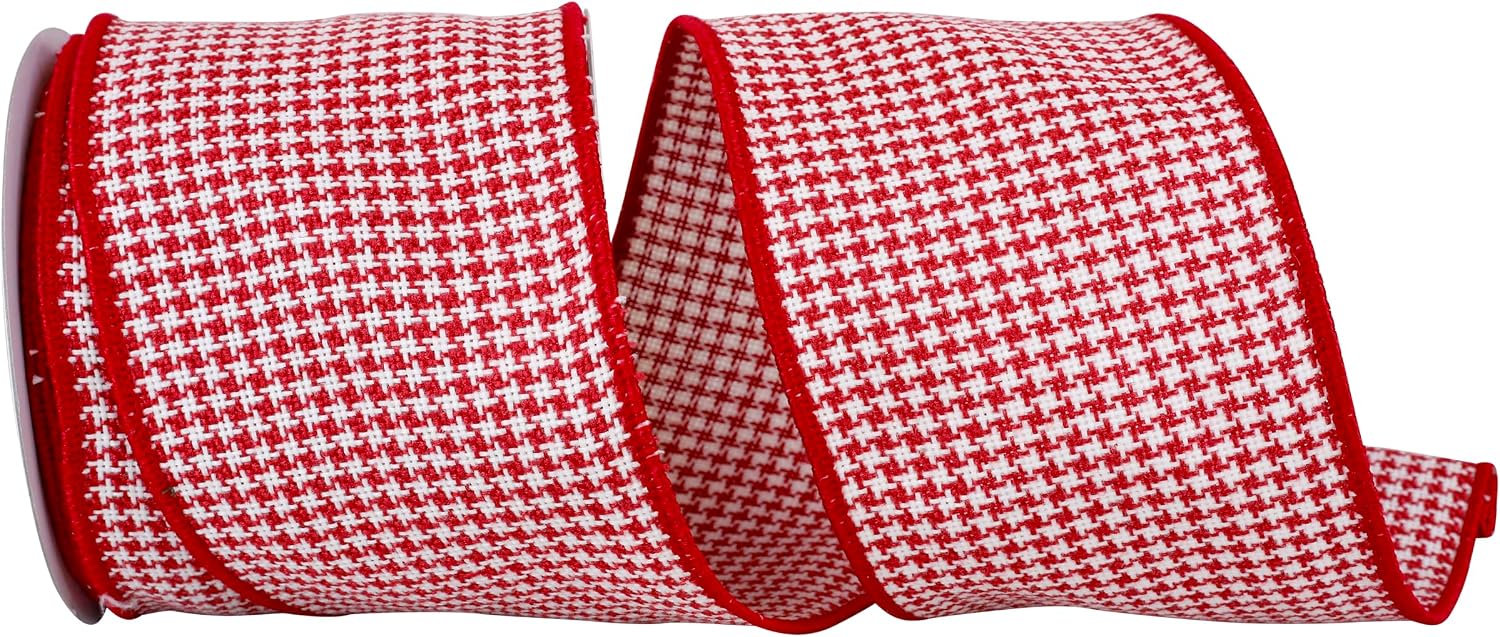 Reliant Ribbon 93713W-695-10F Houndstooth Stitch Weave Wired Edge Ribbon, 4 Inch X 10 Yards, Red/White