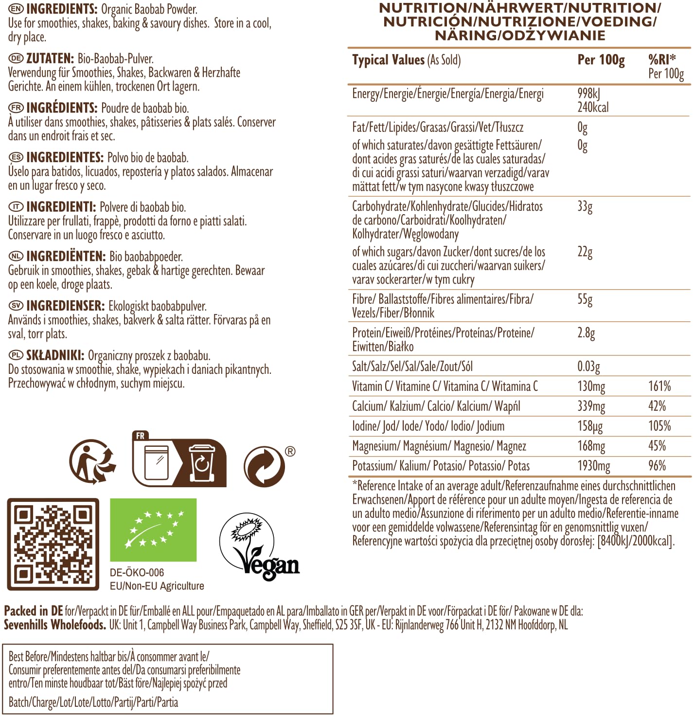 Sevenhills Wholefoods Polvere Di Baobab Bio 1kg