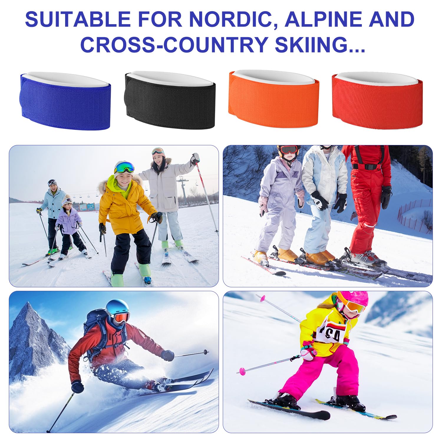 8pcs Attache Ski, Sangles de Ski Réglables Bande Ski Fixation de Ski avec Coussinet de Protection pour Accessoires de Sports d'hiver(Rouge, Orange, Bleu, Noir)