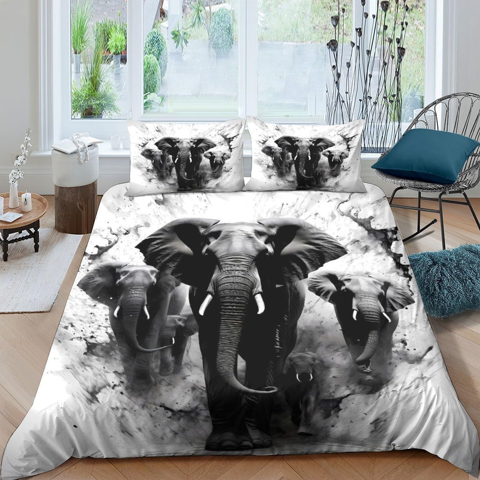 Ctjqhvkz Style-2 3D Printed Elephant Herd Fitted Sheet Microfiber Soft Black White Safari Bed Cover For Bedroom Guest Room Decor Mattress Protection Single（135X200cm）