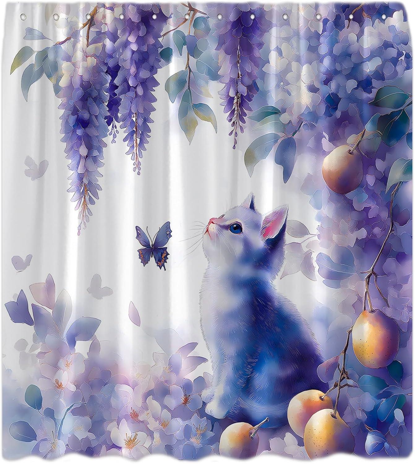 Wisteria Floral Cat Shower Curtain Cute Cat Purple Flower Butterfly Orange Fruit Watercolor Plant Rustic Botanical Spring Scenery White Modern Fabric Bathroom Curtain Set with Hook