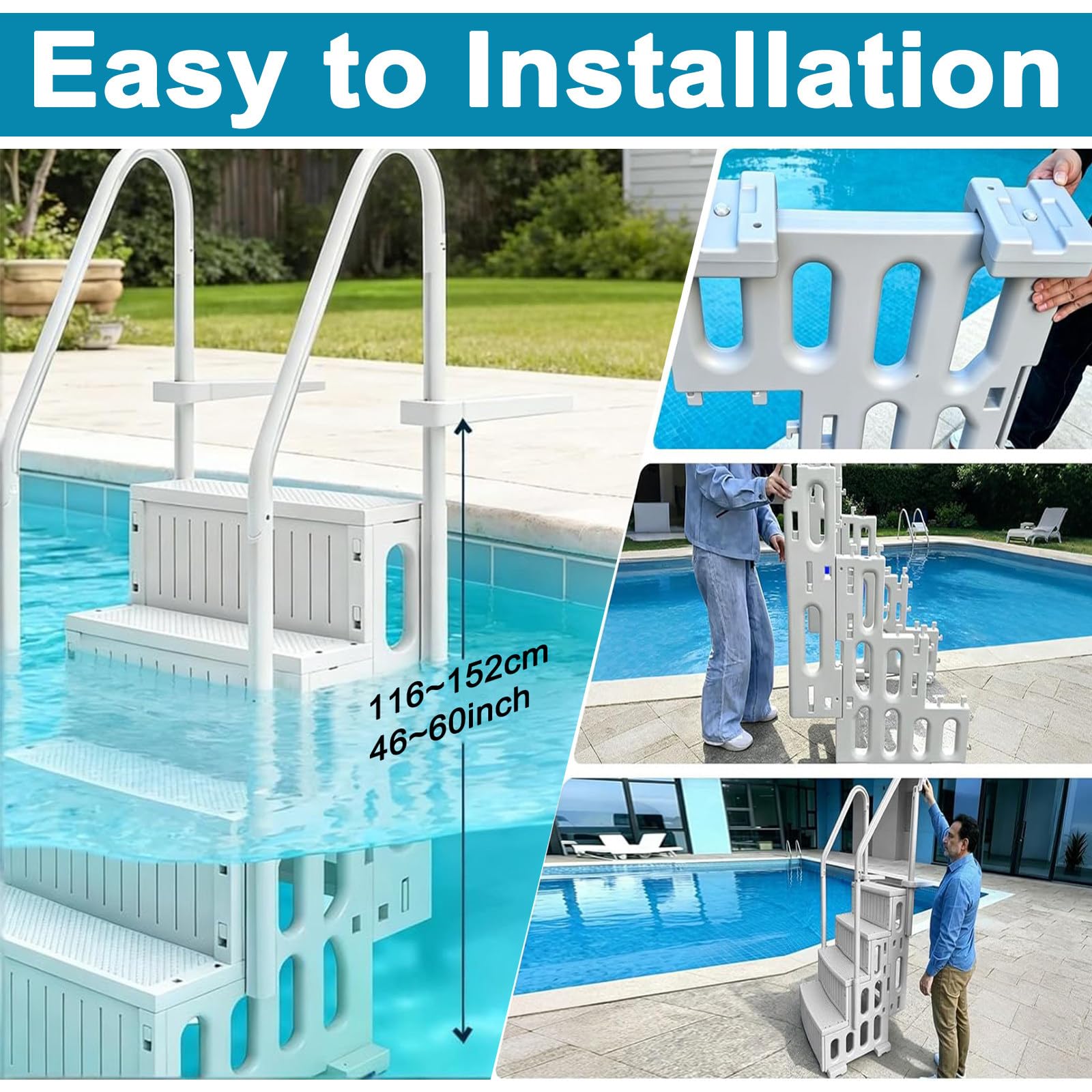 Escalera de piscina resistente sobre el suelo, diseño de 4 escalones con pasamanos duales, soporta 400 libras, ideal para piscinas sobre el suelo y en el suelo