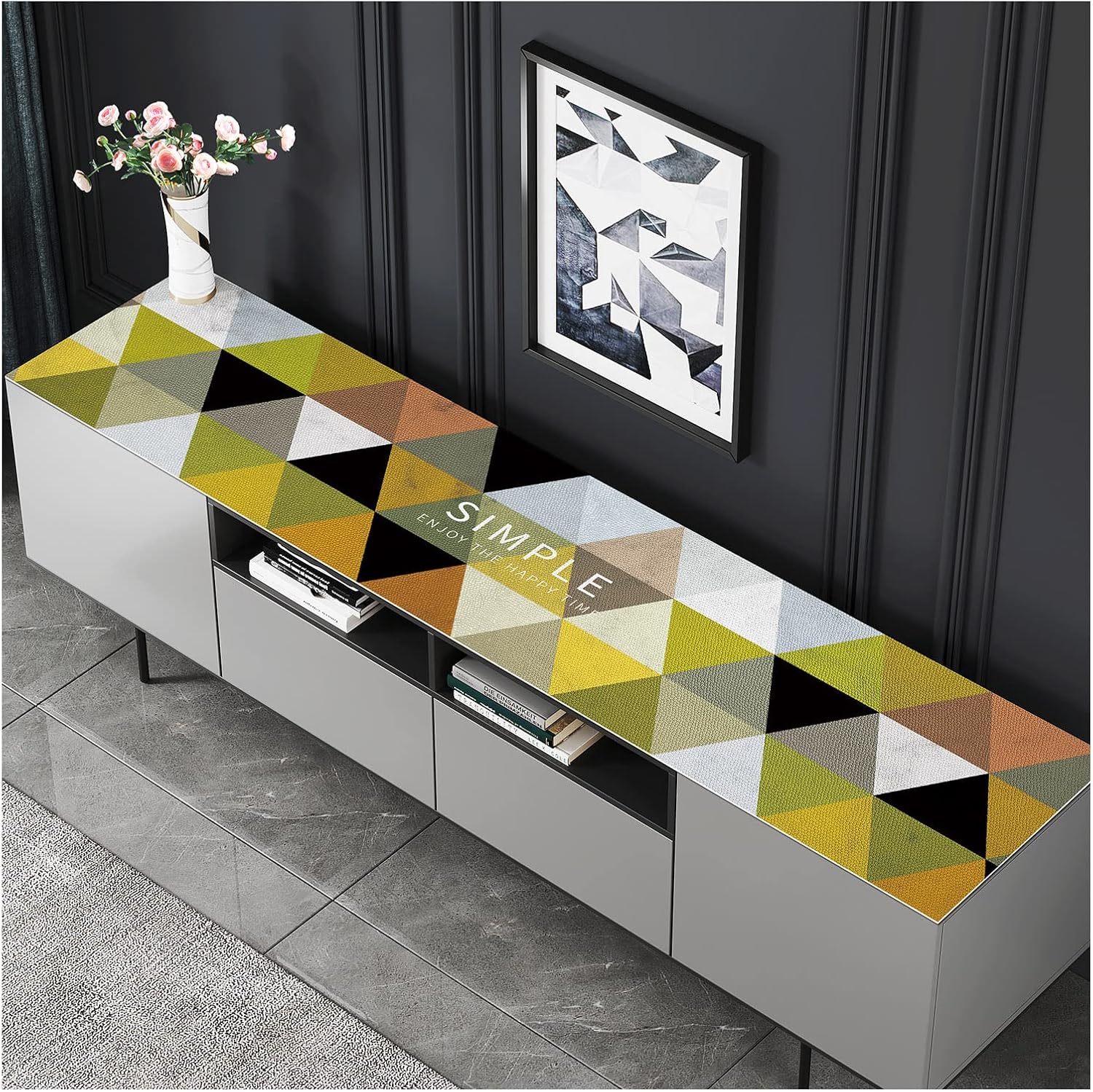 EGT Mocha TV Stand Runner，Table Cover，Home Decorative Tablecloth， TV Cabinet Cloth (58 L x 15.75 W, Mocha Multicolor Triangle)