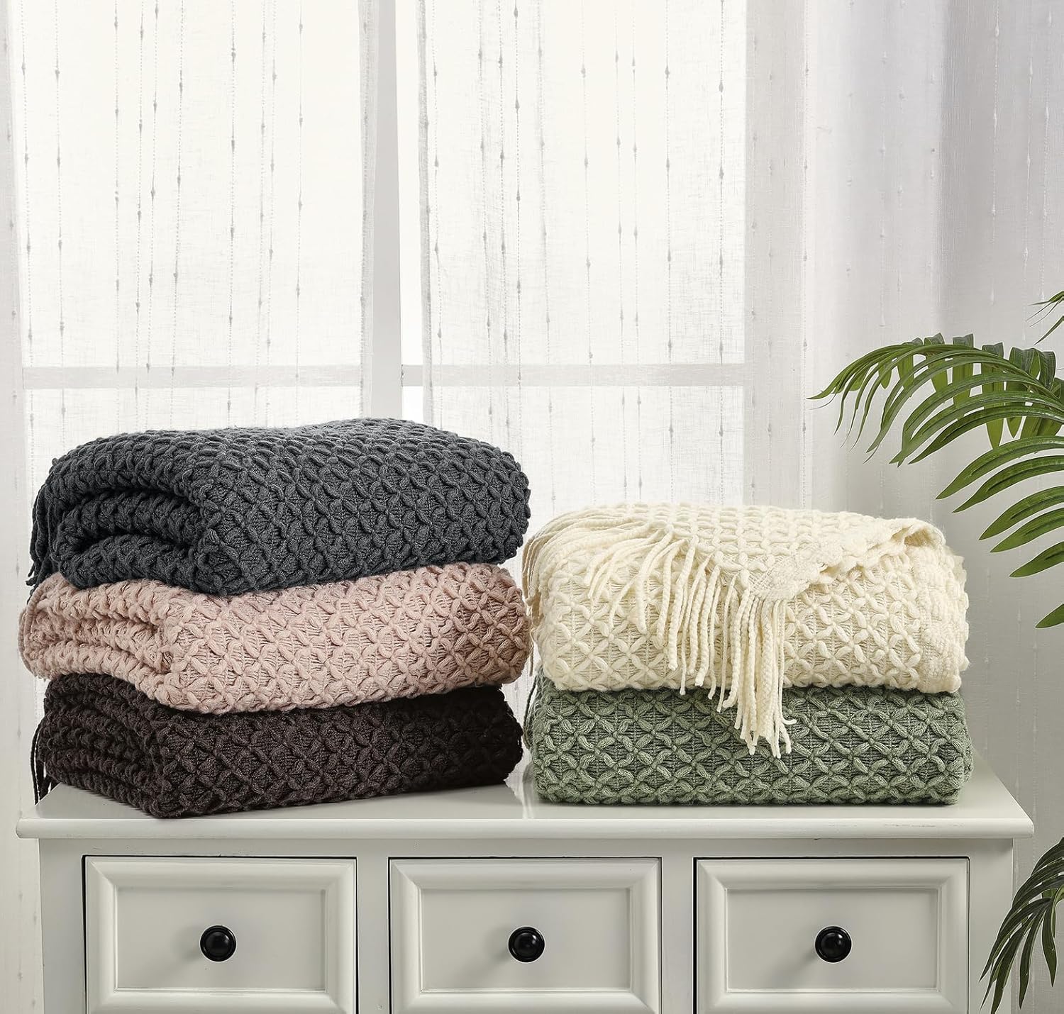 CREVENT Farmhouse Boho Knitted Throw Blanket for Couch Sofa Chair Bed Home Decoration, Soft Warm Cozy Light Weight for Spring Summer Fall (50''X60'' Blush Pink) - Image 5