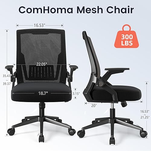Vista 3 de COMHOMA Office Chair with Flip-up Armrests Ergonomic Computer Desk Chair with Adaptive Lumbar Support, Breathable Mesh Swivel Tilt Task Study Chair