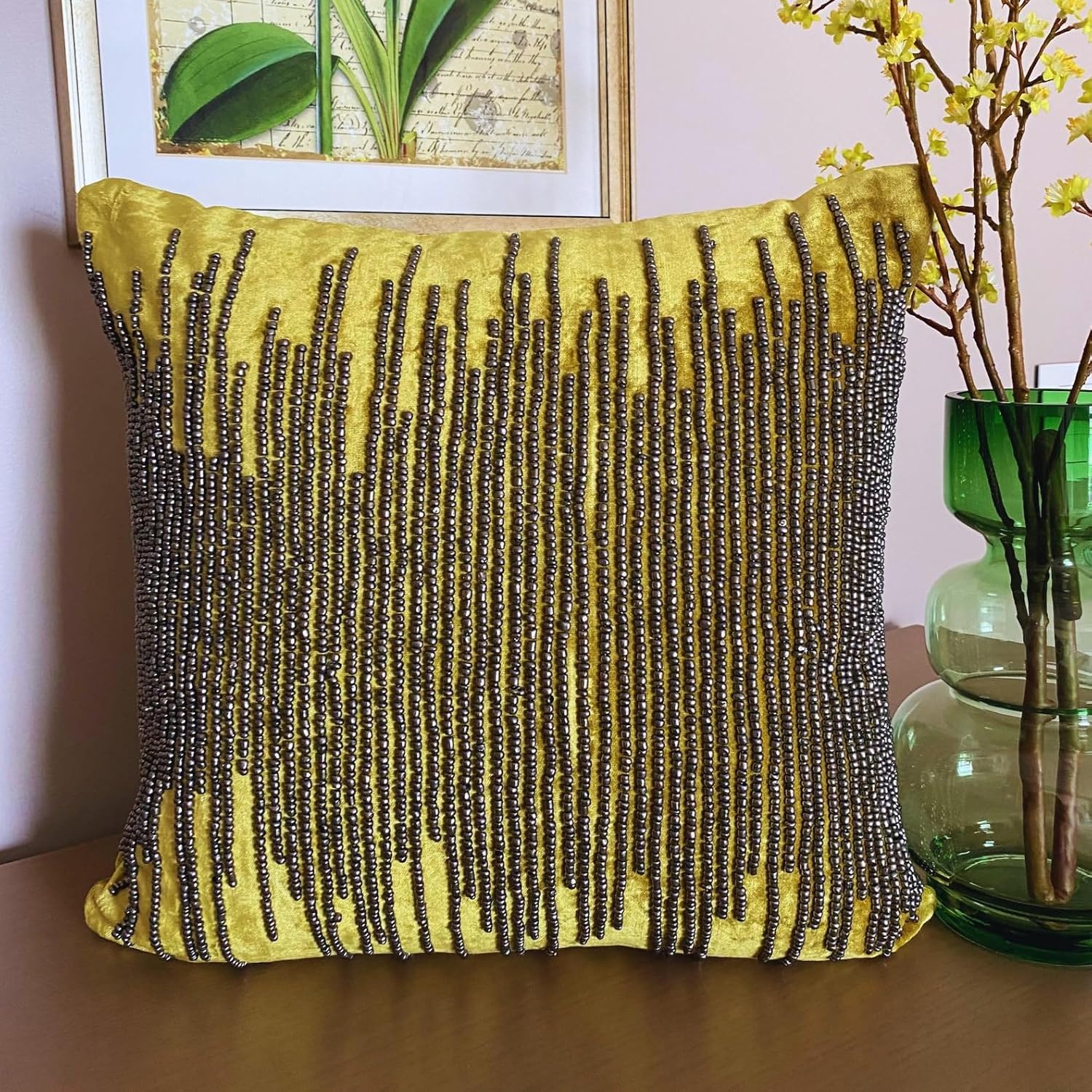 The HomeCentric Custom Cushion Cover Chartreuse Pillow Cover Gunmetal Beaded Pillow Cover Pack of 2 18x18 inch (45x45 cm) Throw Pillow Cover Square Velvet Pillow Cover Decorative - Chartreuse Spill