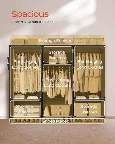 Miniatura 4 de Armario portátil, armario de 81.1 pulgadas de capacidad extra grande con cubierta, organizador de almacenamiento de ropa con estantes y 3 varillas
