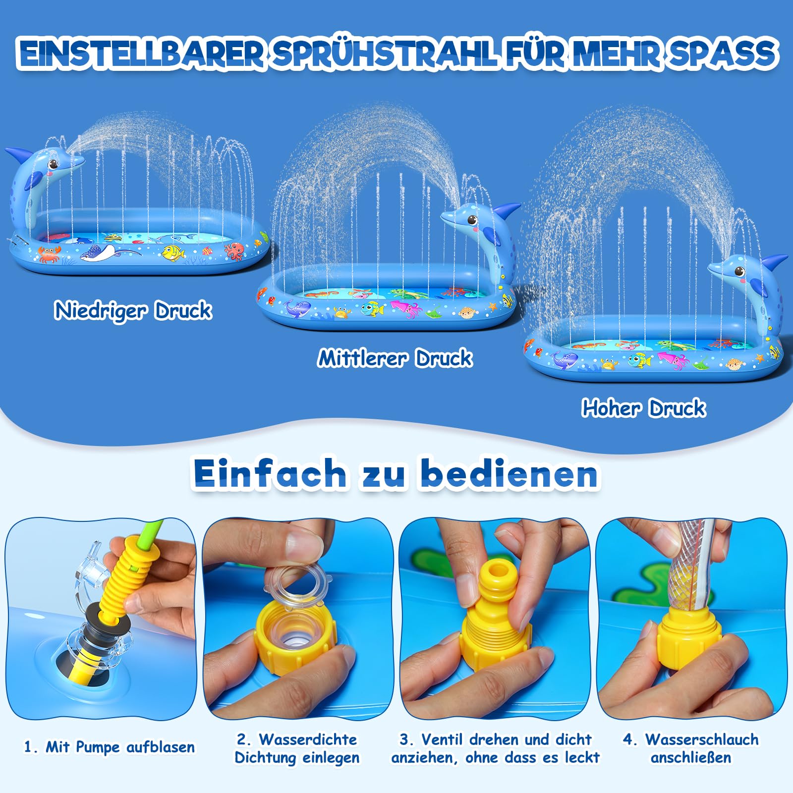 Planschbecken für Kinder, 3 in 1 Delfin Kinderpool, Planschbecken Baby, Watermatte für Kind, Verdicktes Material mit Wasserschlauch, Sommer Garten Wasserspielzeug für Jungen und Mädchen ab 1 Jahr