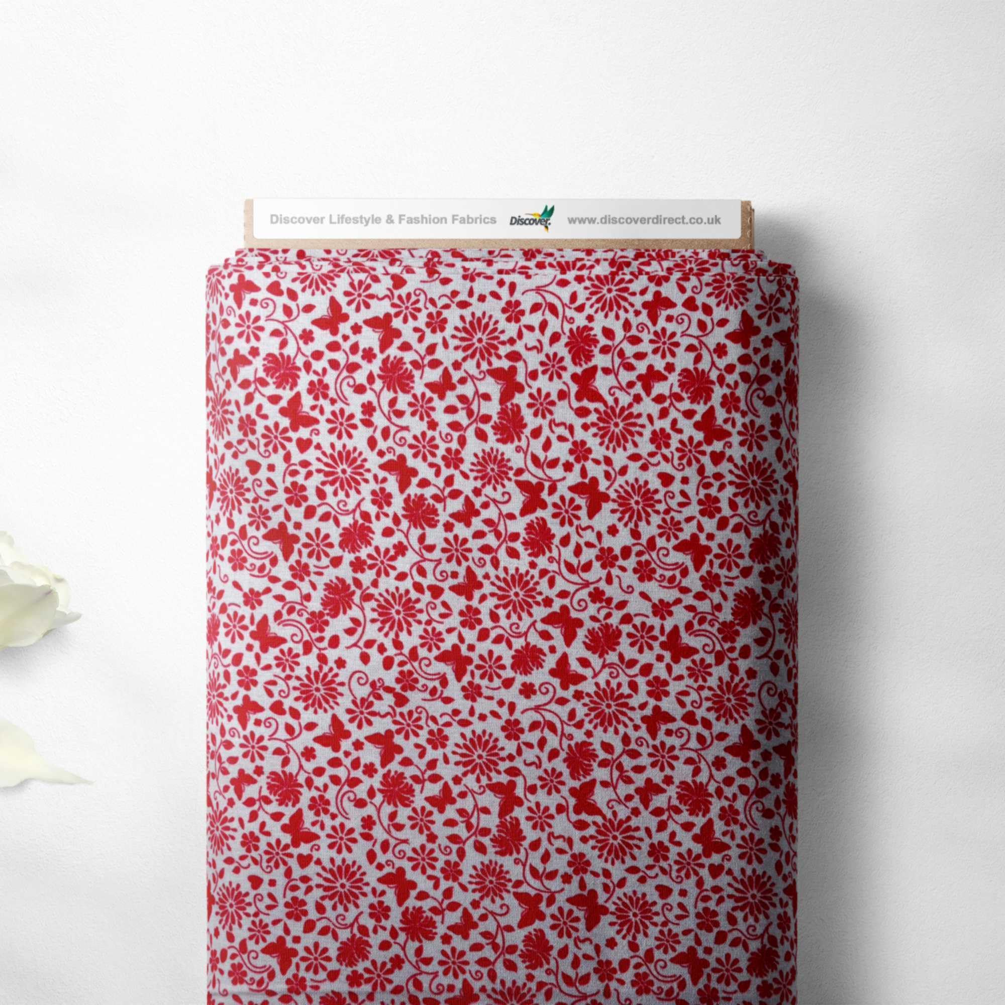Floral Butterfly Flowers Abstract Design 100% Cotton Craft Quilting Patchwork Bunting Quality Sewing Project Fabric Material | 44" - 112 cm Wide (per Metre, White/Red)