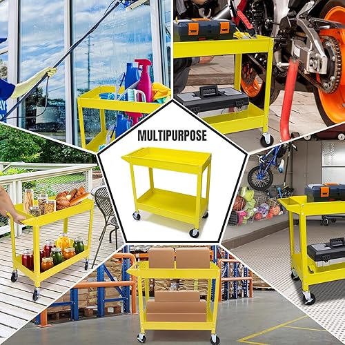 Miniatura 7 de Carrito de servicio de acero grande de 30 pulgadas, amarillo, carritos utilitarios con ruedas, 2 estantes, metal, capacidad de 300 libras, compra