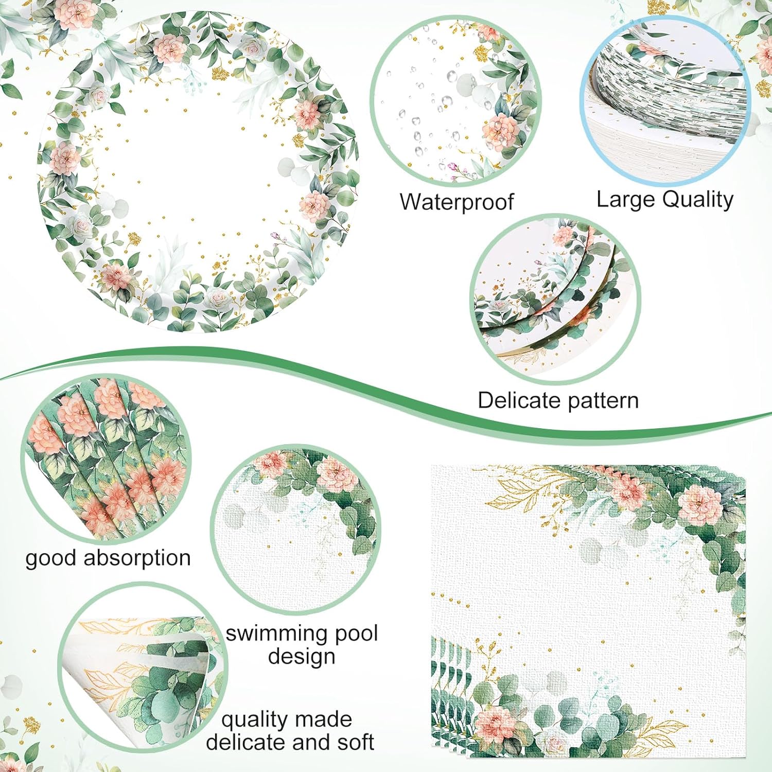 400 Pcs Sage Green Color Party Supplies Serve 50 Guests Eucalyptus Flowers Disposable Paper Plates Napkins and Cups for Bridal Baby Shower Birthday Wedding Party Decorations(Green,Elegant)