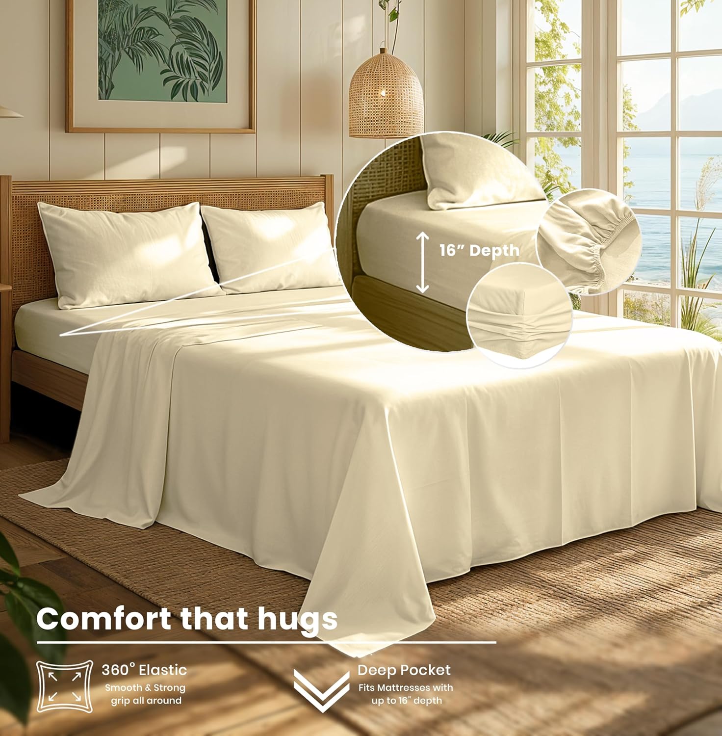 RUVANTI 100% Cotton Flannel Sheets Queen Size - 4 Piece Warm, Soft & Breathable, Deep Pocket, Double Brushed Cozy All Season Bedding Set, Cream - Image 3