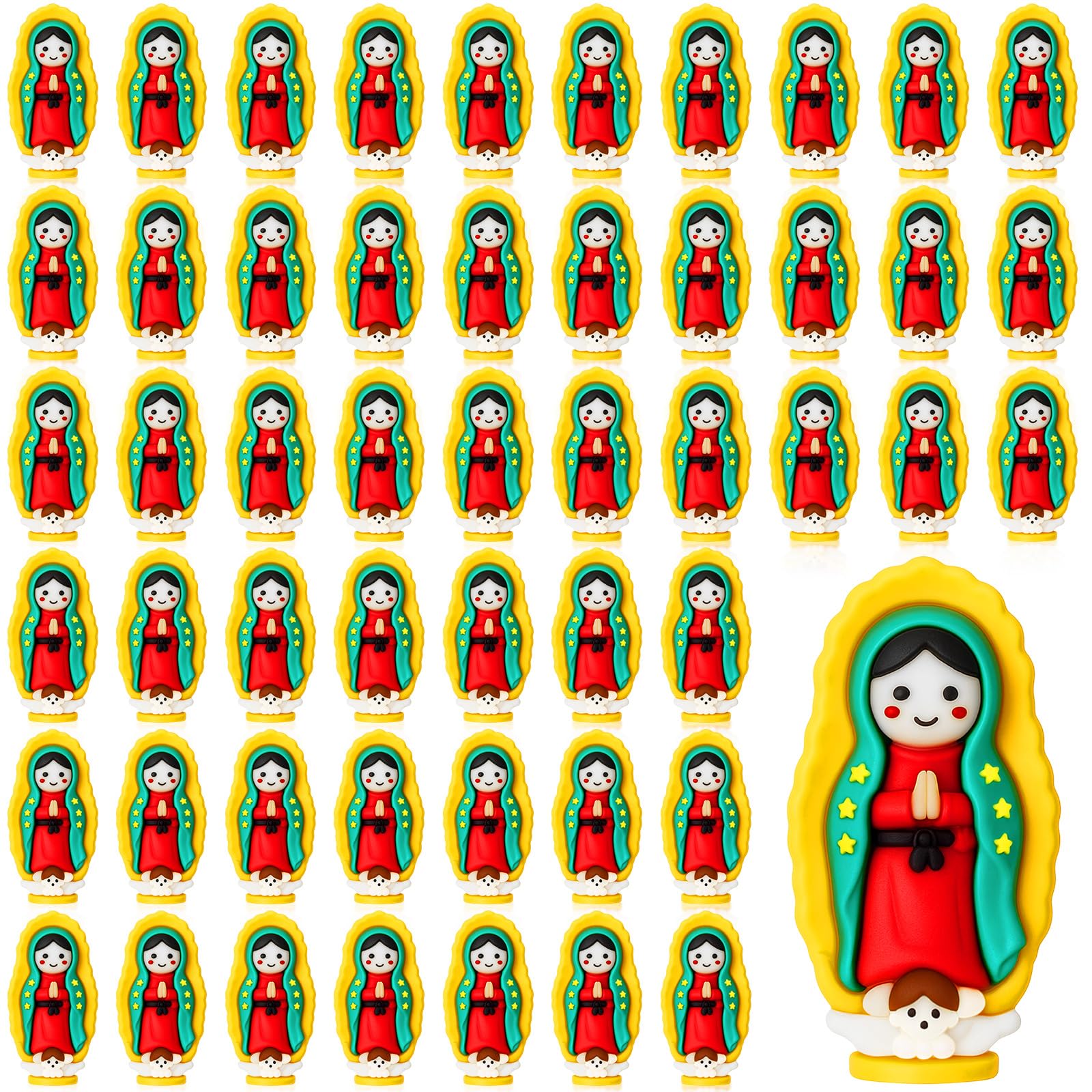 Mini Virgin Mary Figurines, Our Lady of Guadalupe, Yellow, 100 Pack | Figurine Set for Christmas Stuffers, Baptism Party Favors, Sunday School Gifts, Thanksgiving Religious Statue Decor