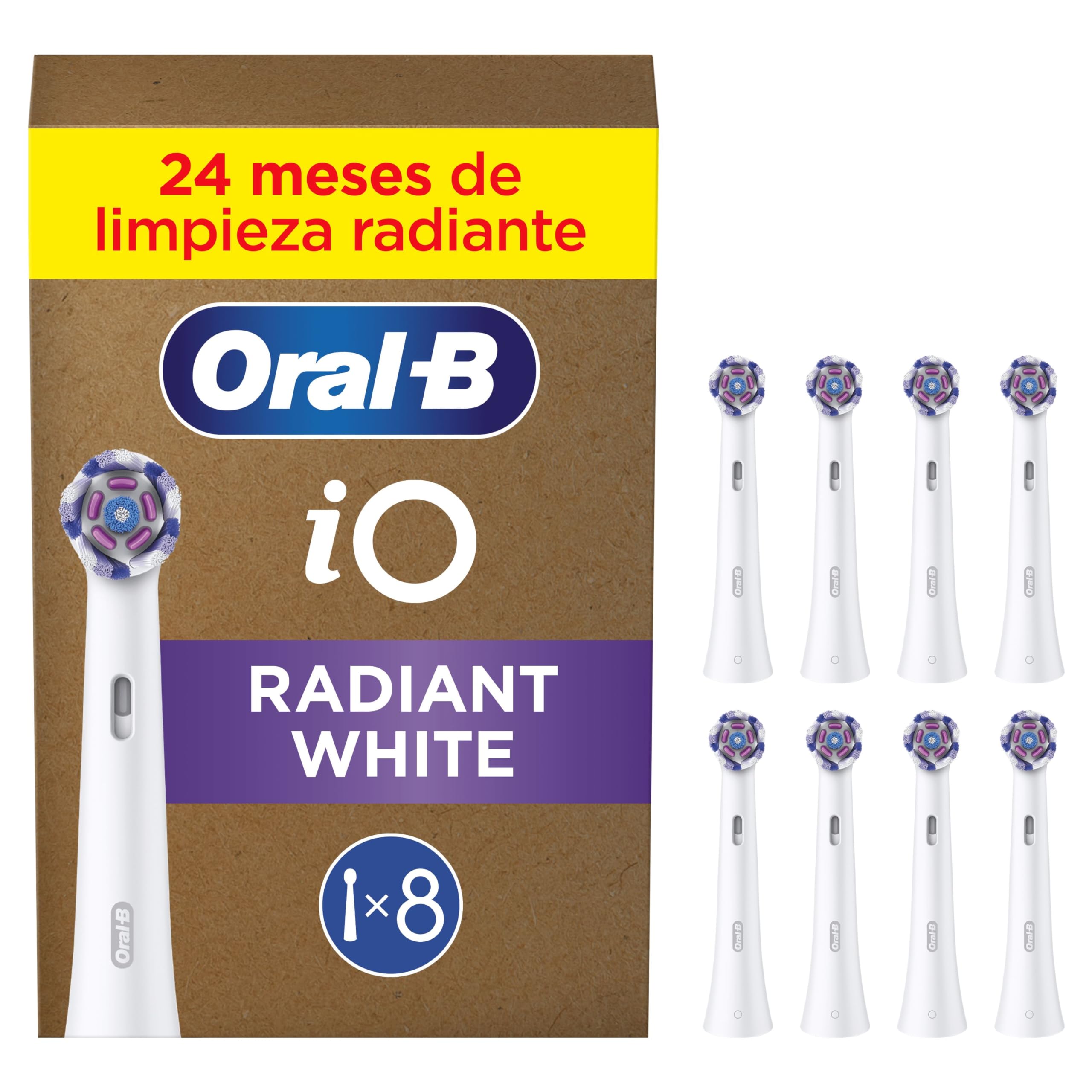 Oral-B iO Radiant White Cabezales de Recambio Originales, Blanco, Pack de 8 - Recambios para Cepillos de Dientes Eléctricos Oral B iO, Blanqueamiento Dental, Eliminación de Manchas Y Placa Bacteriana | Recambios para Cepillos de Dientes Eléctricos Oral B