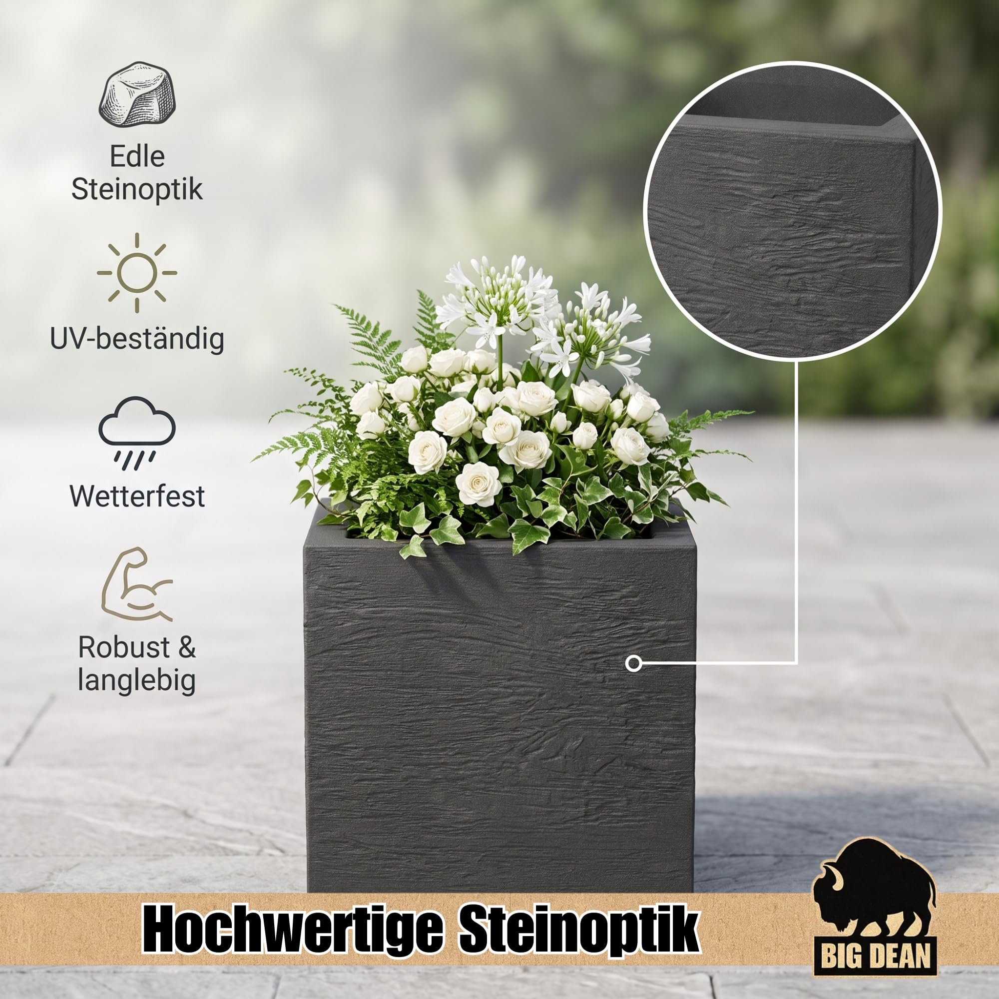 BigDean 2 Stück Blumentopf Gross draussen quadratisch 39x39cm Gross | Made in Europa Design