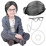 AOTHSO 5 Pieces Old Lady Wig Costume Set Granny Cosplay Wig Glasses Necklace for 100 Days of School Halloween Dress Up Party