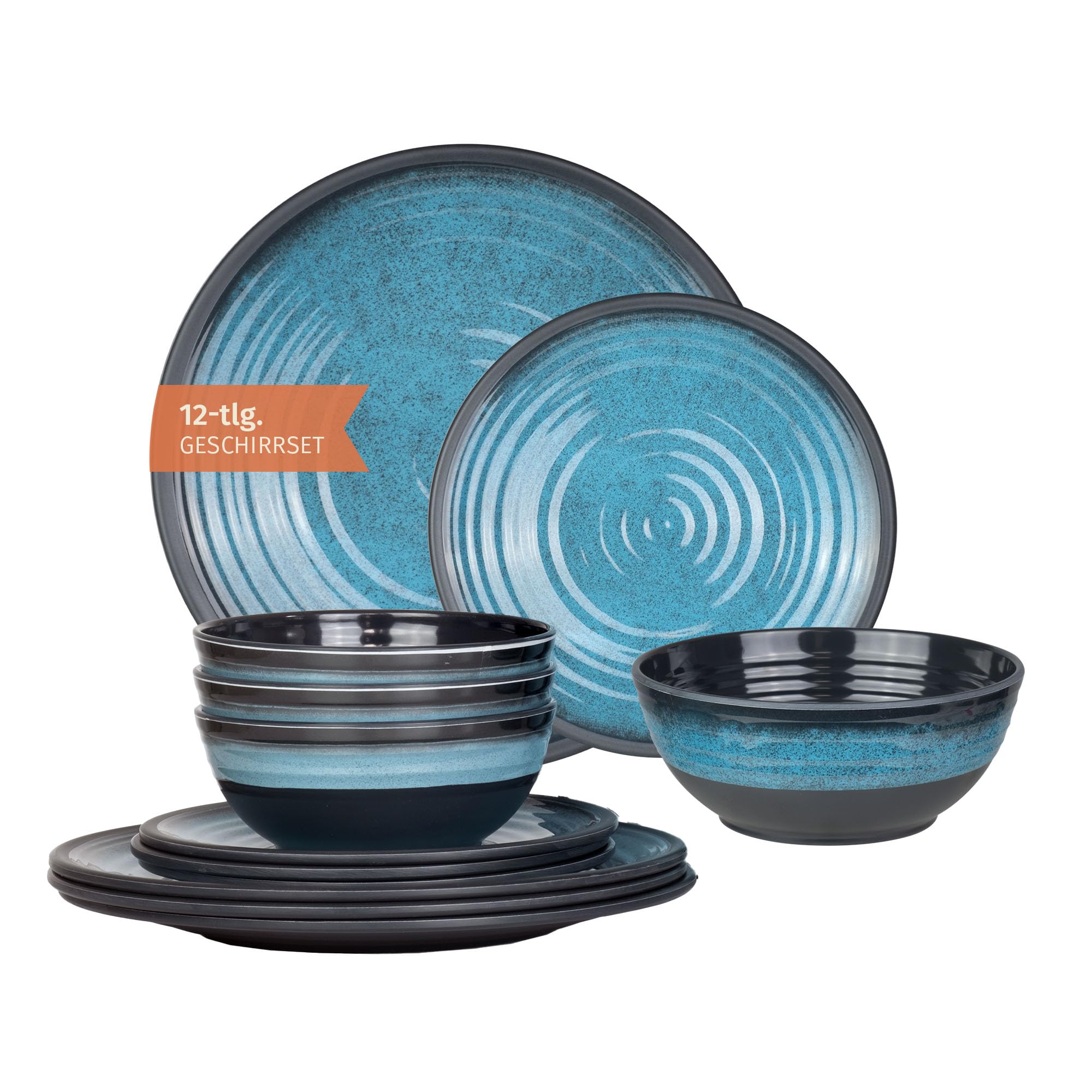 Camping Tafelgeschirr aus Melamin für 4 Personen 12-teilig | spülmaschinenfest | Picknick Geschirrset | Geschirr Campinggeschirr I Stone Blue Design