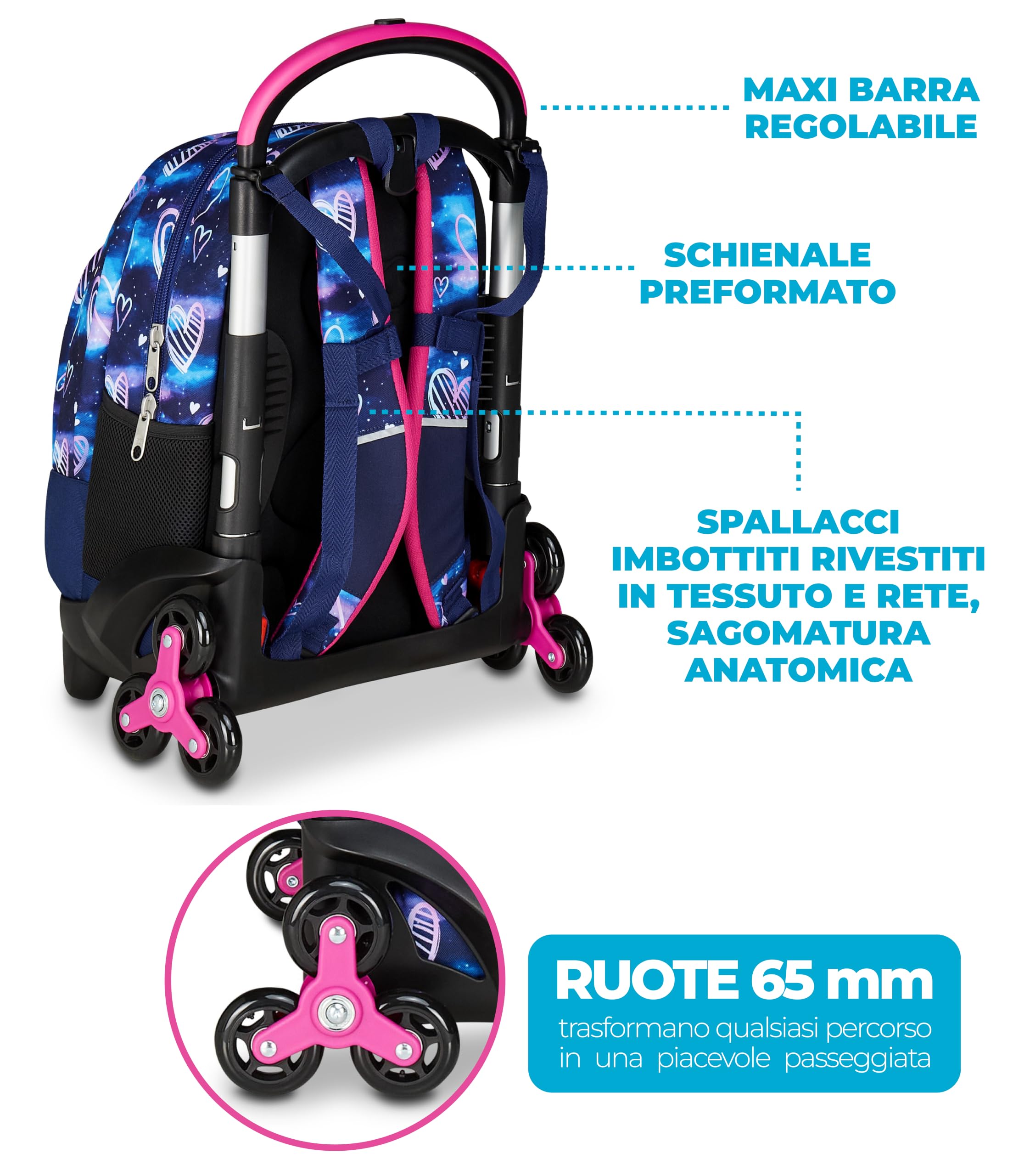 Seven Zaino Trolley Scuola Elementare Bambina 3 ruote, Zaino Sganciabile, Doppio Uso, Spallacci a Scomparsa, viola rosa